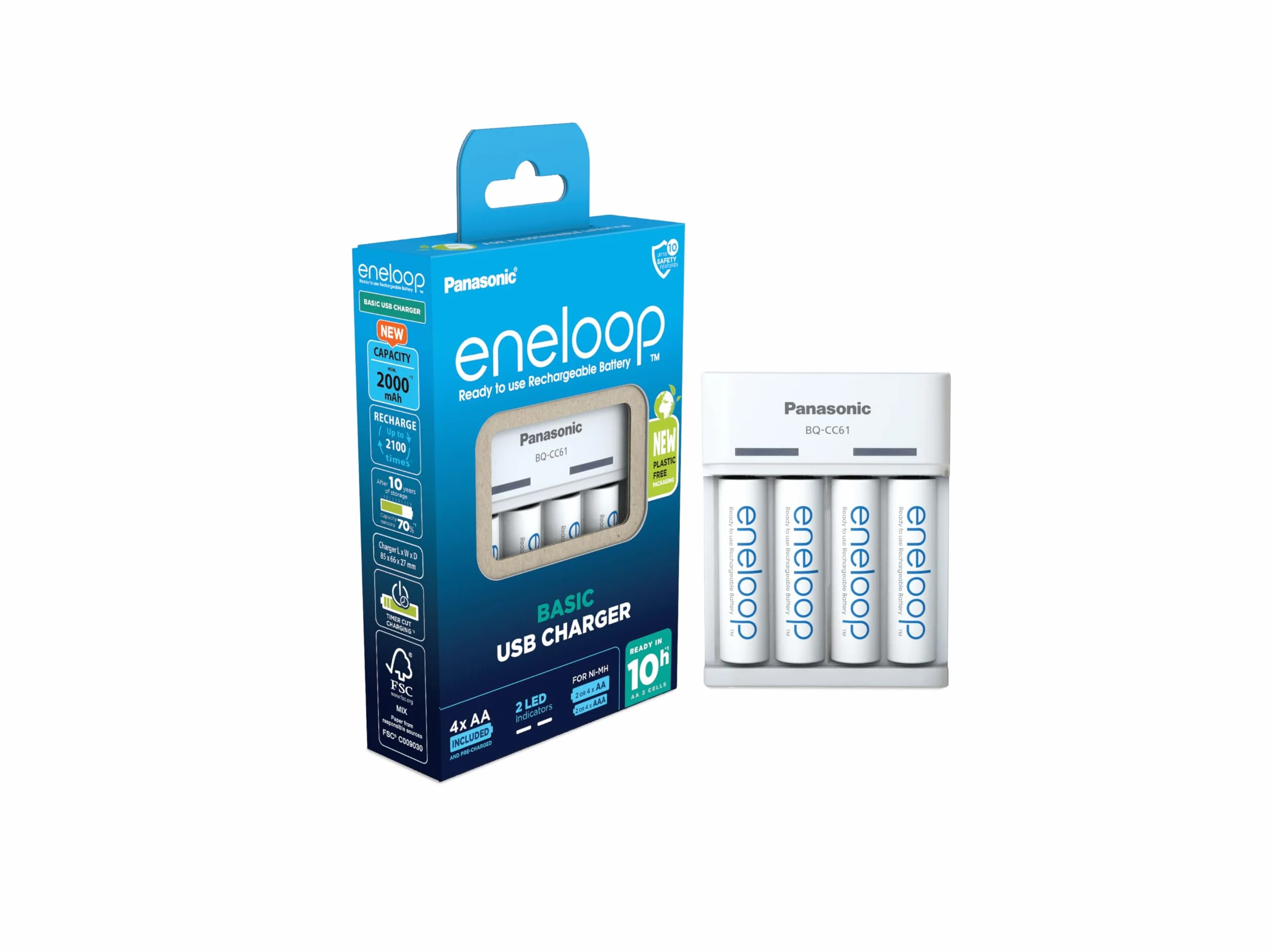 Panasonic eneloop 52061040ic eneloop Basic USB do 2 lub 4 akumulatorów AA/AAA Ni-MH z 6 funkcjami bezpieczeństwa i micro USB, w zestawie z 4 akumulatorami eneloop AA/Mignon, min. 2000 mAh