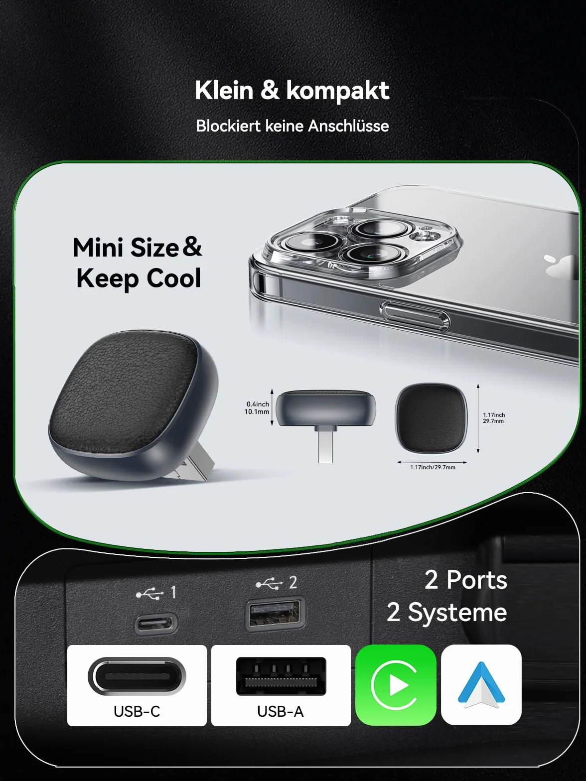 Bezprzewodowy adapter CarPlay i Android na 2 telefonach komórkowych – przełączanie między dwoma telefonami komórkowymi (iPhone i Android) – Ultra Mini – nie przegrzewa się – od iOS 10/Android 10
