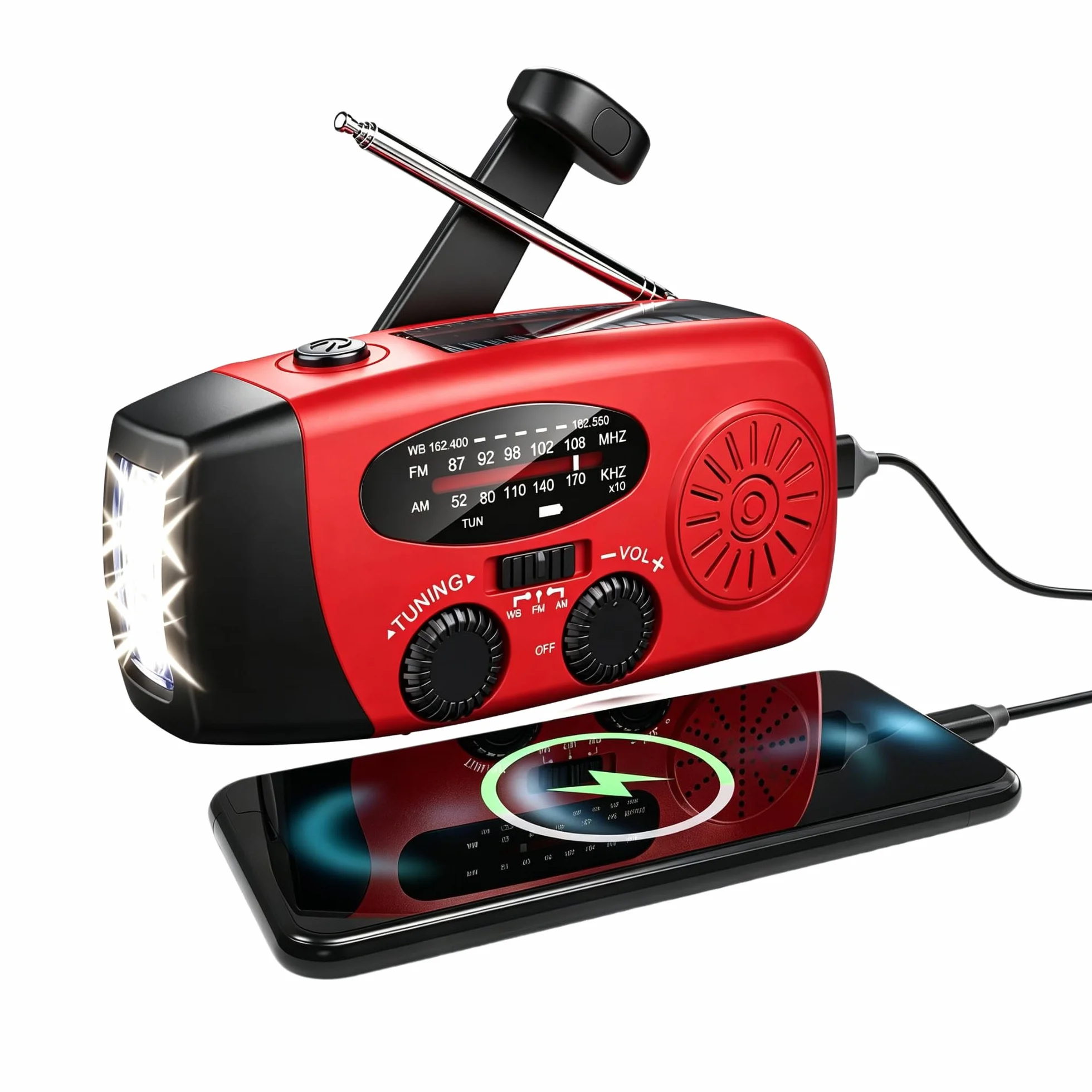 Awaryjne radio solarne z korbą ręczną, AM/FM/NOAA, z akumulatorem 2000 mAh, możliwość ponownego ładowania, na wędrówki, kemping, do użytku na zewnątrz