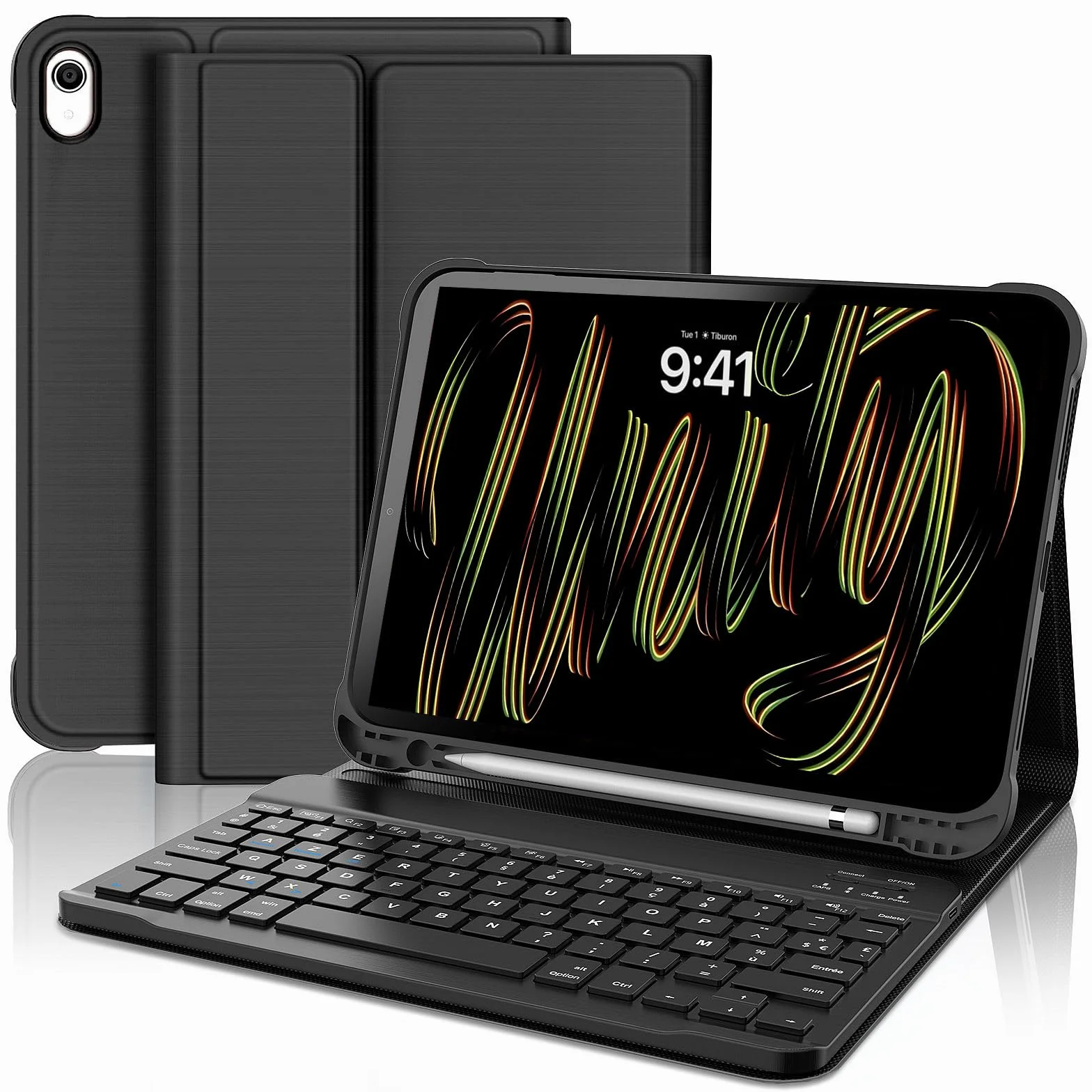 FOGARI Klawiatura do iPada 10/11 generacji 2022/2025, AZERTY bezprzewodowa klawiatura Bluetooth, etui z uchwytem na ołówki do iPada 10 generacji/A16 (10,9 cala), czarna