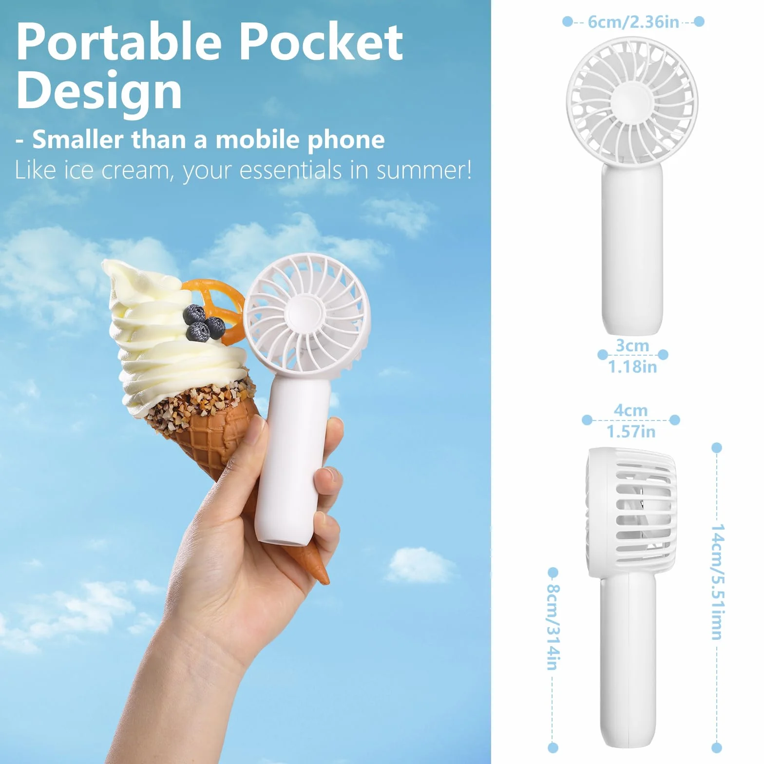 Hianjoo Przenośny wentylator, mini wentylator ręczny, 2000 mAh, ładowany przez USB, uroczy design, lekki wentylator kieszonkowy, 3-biegowy, osobiste wentylatory z paskiem na rękę, do domu, szkoły