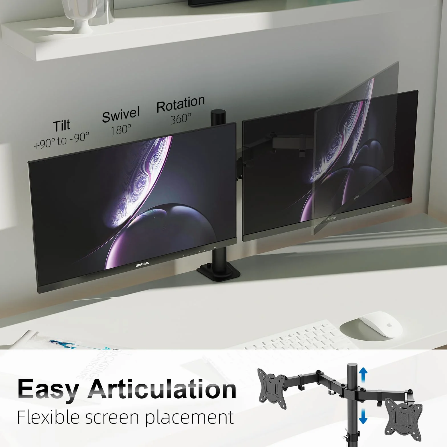 GRIFEMA GB2001A-2 Uchwyt na Podwójny Monitor 13-27” LED/LCD, Ramię do Dwóch Monitorów z Regulacją, Udźwig do 10KG na Każde Ramię, VESA 75/100mm, Czarny