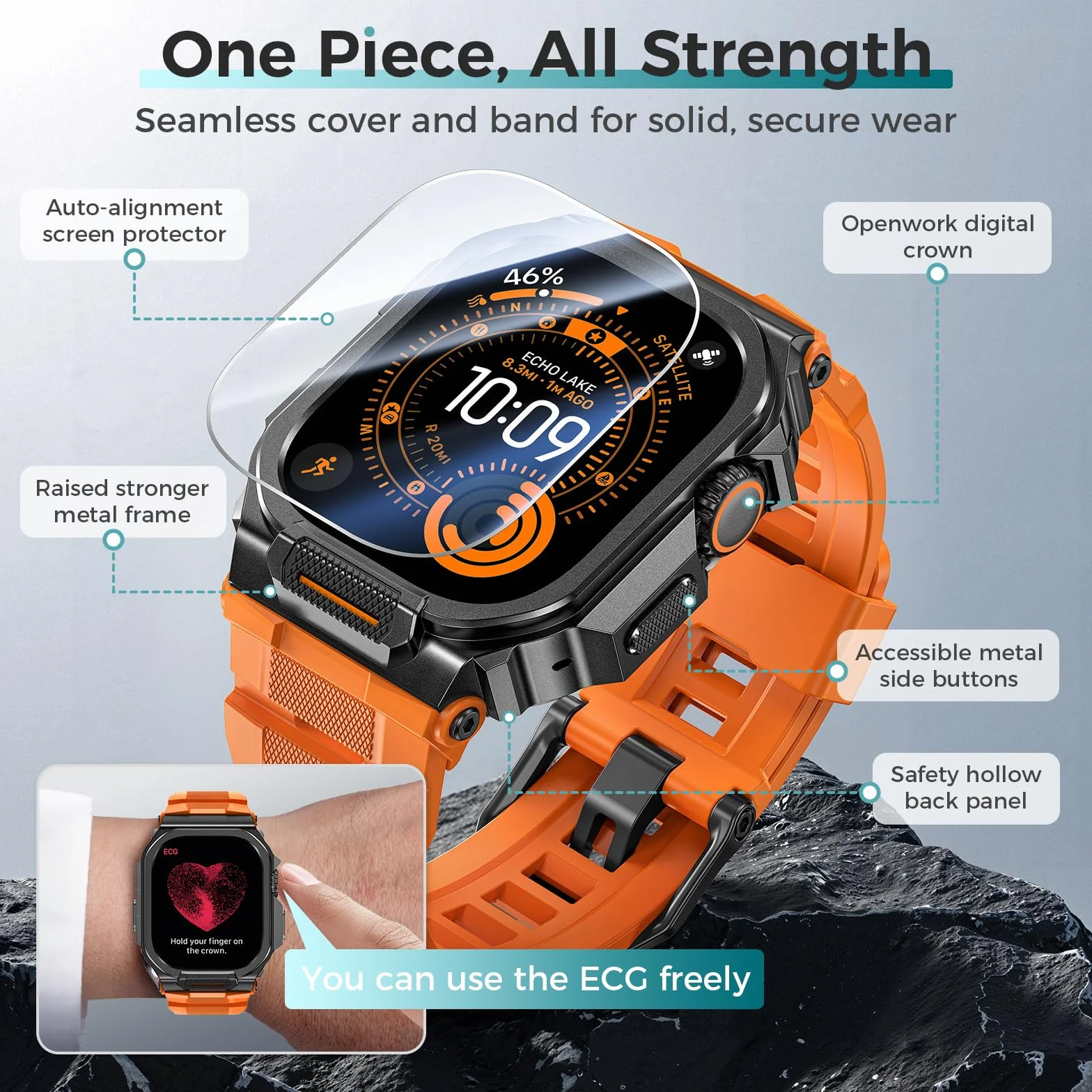 Neitra Metalowe etui z paskiem do Apple Watch Ultra 3/2/1 49 mm z osłoną ekranu, jednoczęściowa osłona 360°, ochrona przed upadkiem i kurzem, dostęp do korony EKG, odzież sportowa i codzienna do