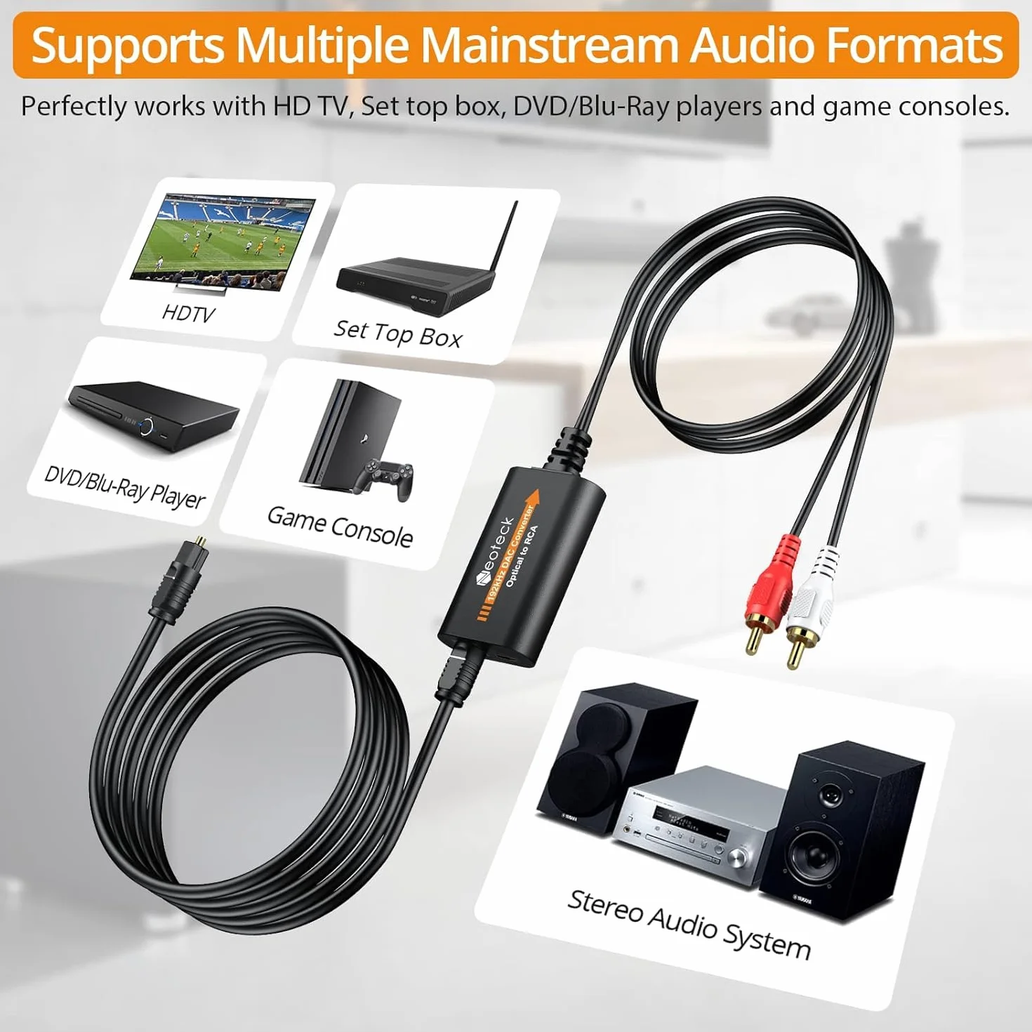 Neoteck DA Converter 192kHz DAC Converter 2.1m Kabel optyczny na RCA z wbudowanym wzmacniaczem audio Optyczny przetwornik cyfrowo-analogowy audio do telewizorów HD, dekoderów, odtwarzaczy DVD/Blu-ray