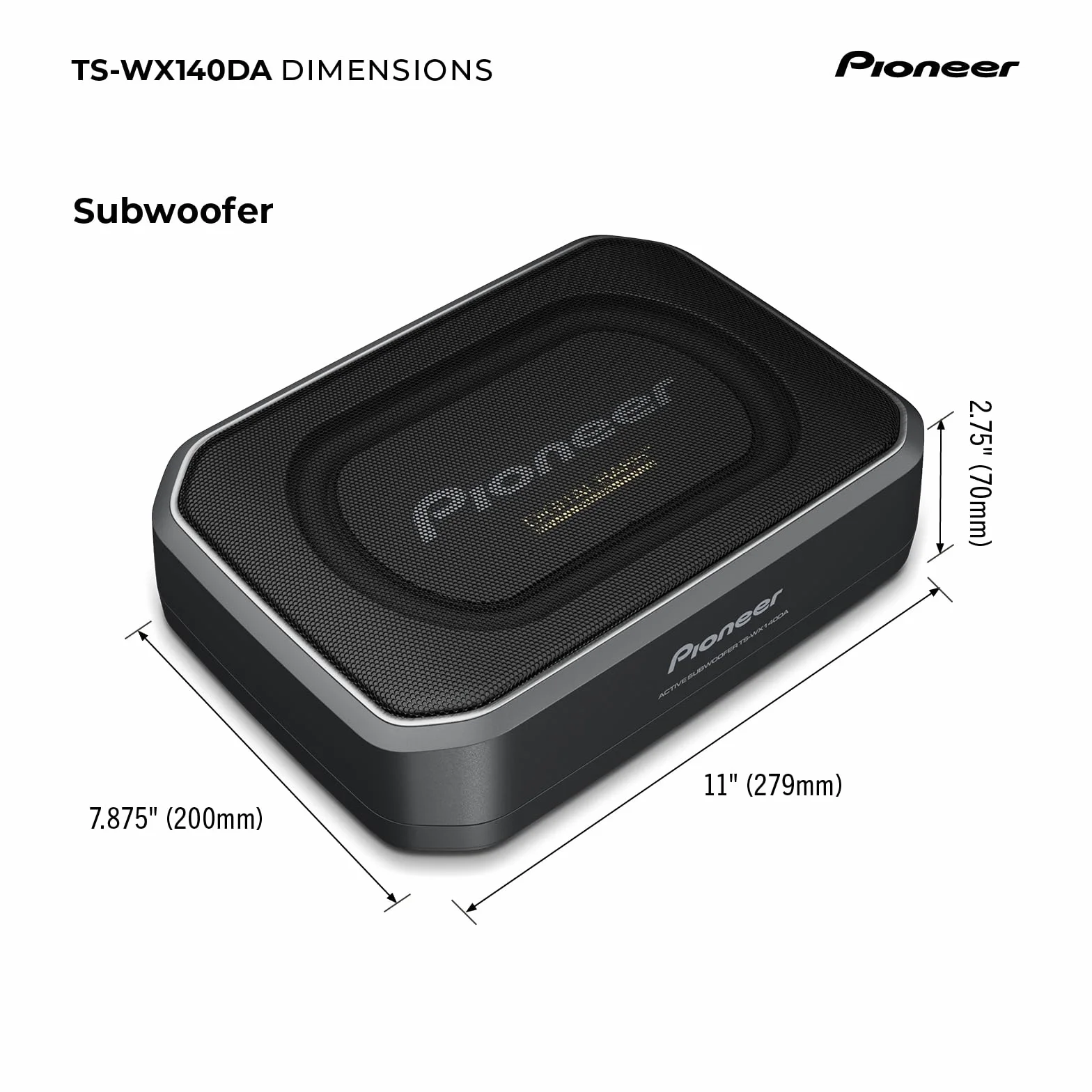 Aktywny mini subwoofer Pioneer TS-WX140DA 6x9, zintegrowany mocny wzmacniacz klasy D o mocy maksymalnej 170 W, nominalna moc wejściowa 50 W, czarny