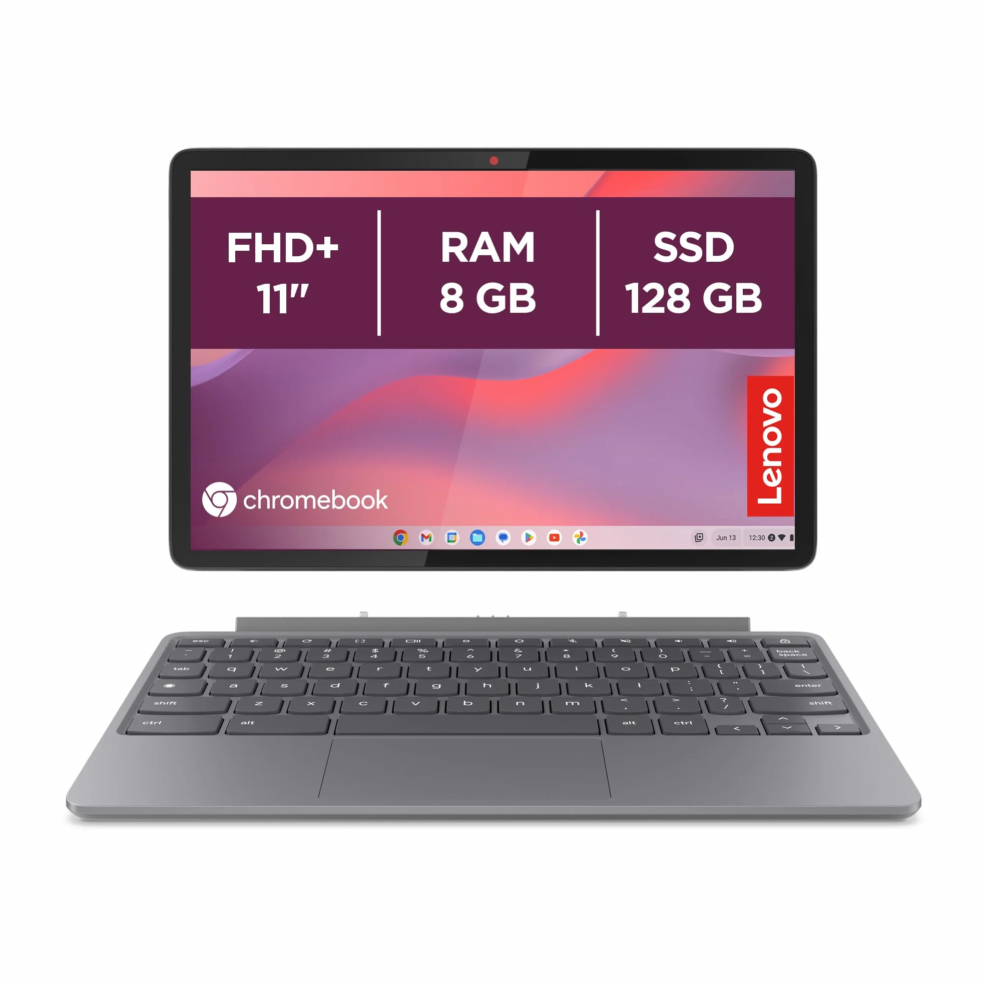 Lenovo Duet Chromebook 11" FHD+ (1920 x 1200), MediaTek Kompanio 838, RAM 8 GB, pamięć 128 GB, ekran dotykowy, chromowany system operacyjny, stojak i klawiatura w zestawie - szary księżyc