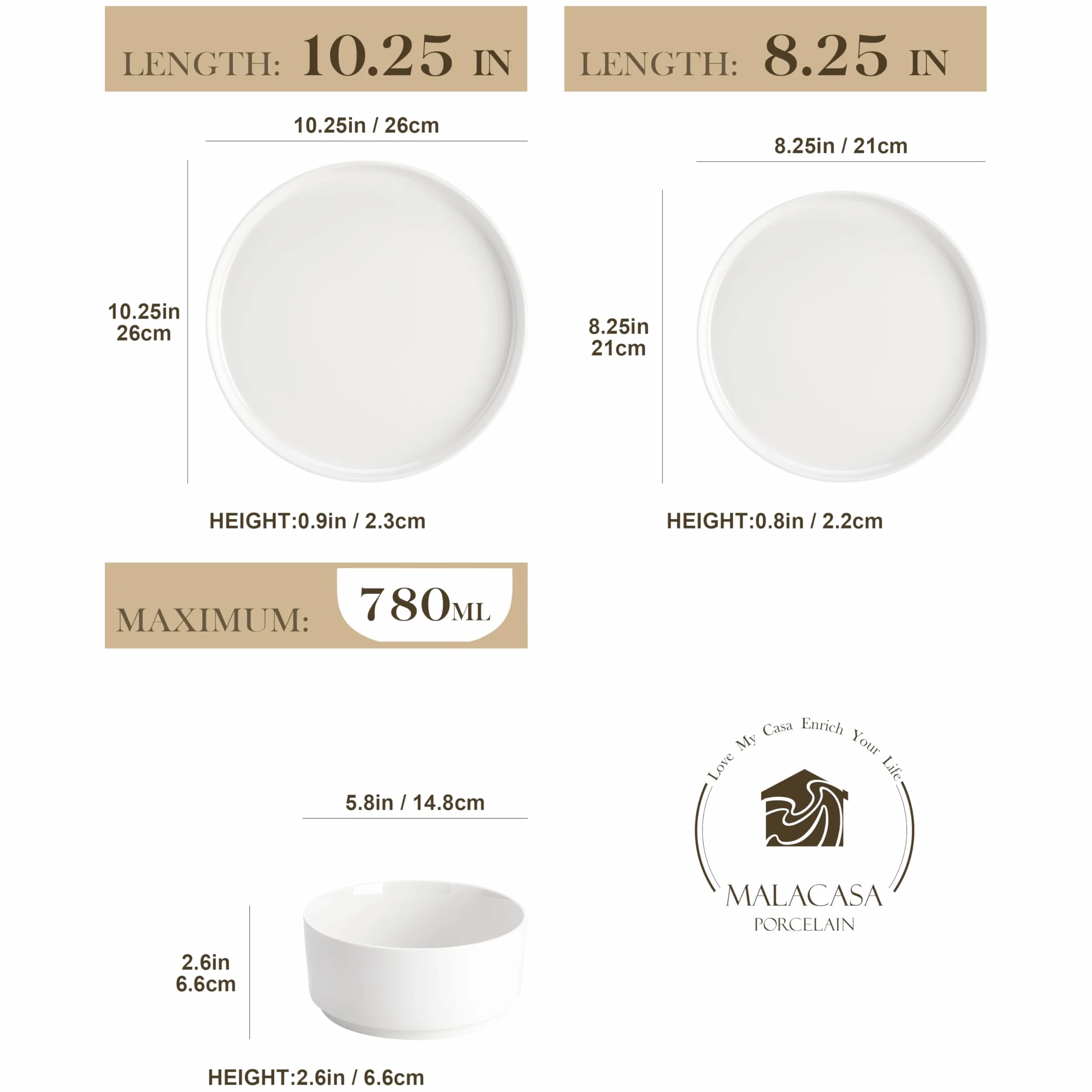 MALACASA Zestaw obiadowy dla 6 osób, 18-częściowy porcelanowy zestaw obiadowy - talerze, miski, talerze sałatkowe, miski na płatki - biała seria Leah