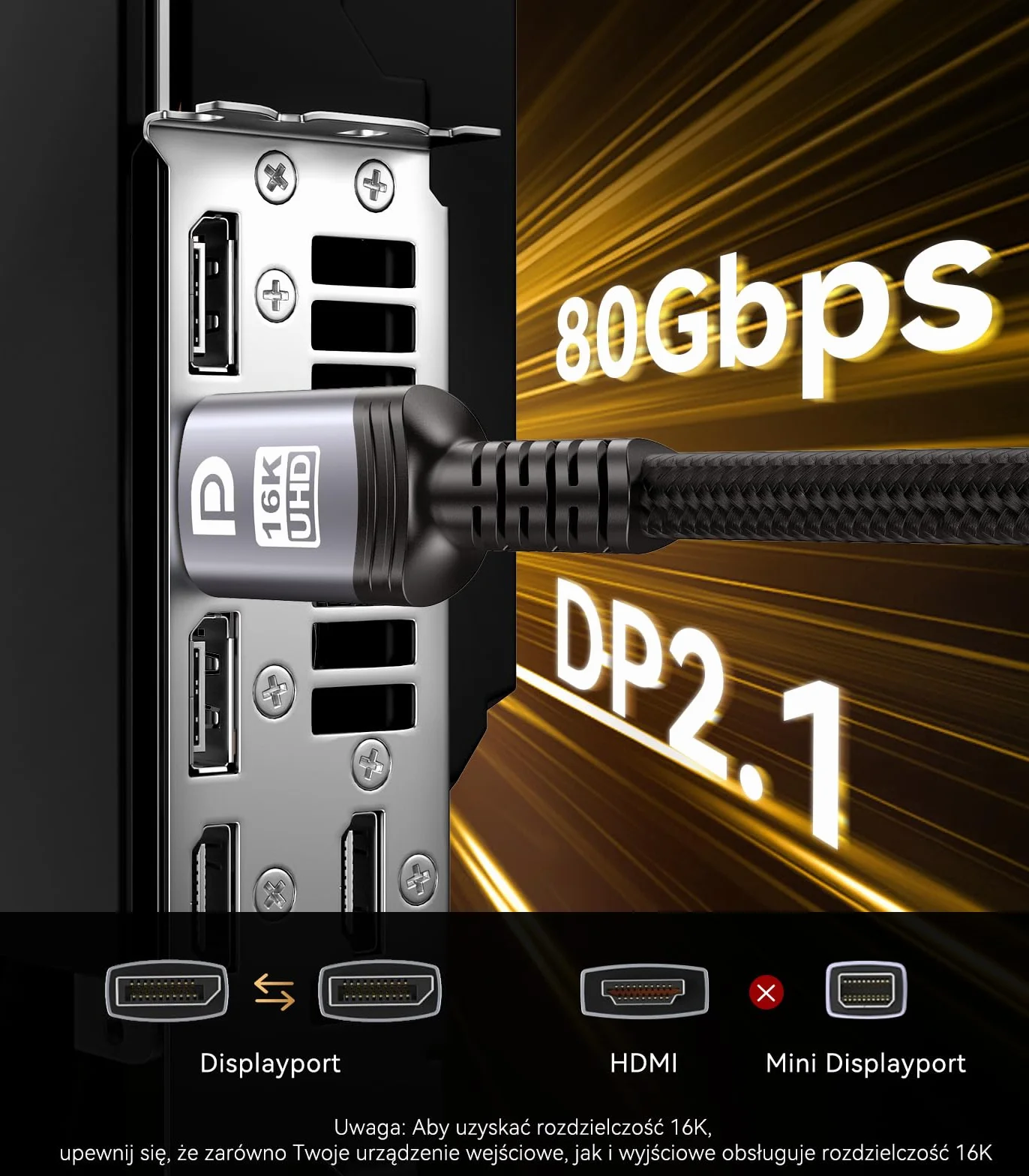 Sniokco 80Gbps Kabel DisplayPort 2.1 1.5M, VESA Certyfikat 16K DP Kabel 16K@60Hz 8K@240Hz 4K@540Hz 360Hz 240Hz Kompatybilny z HDR HDCP 2.3 DSC FreeSync G-Sync Monitor Grafika RTX 5090 4090 PC HDTV