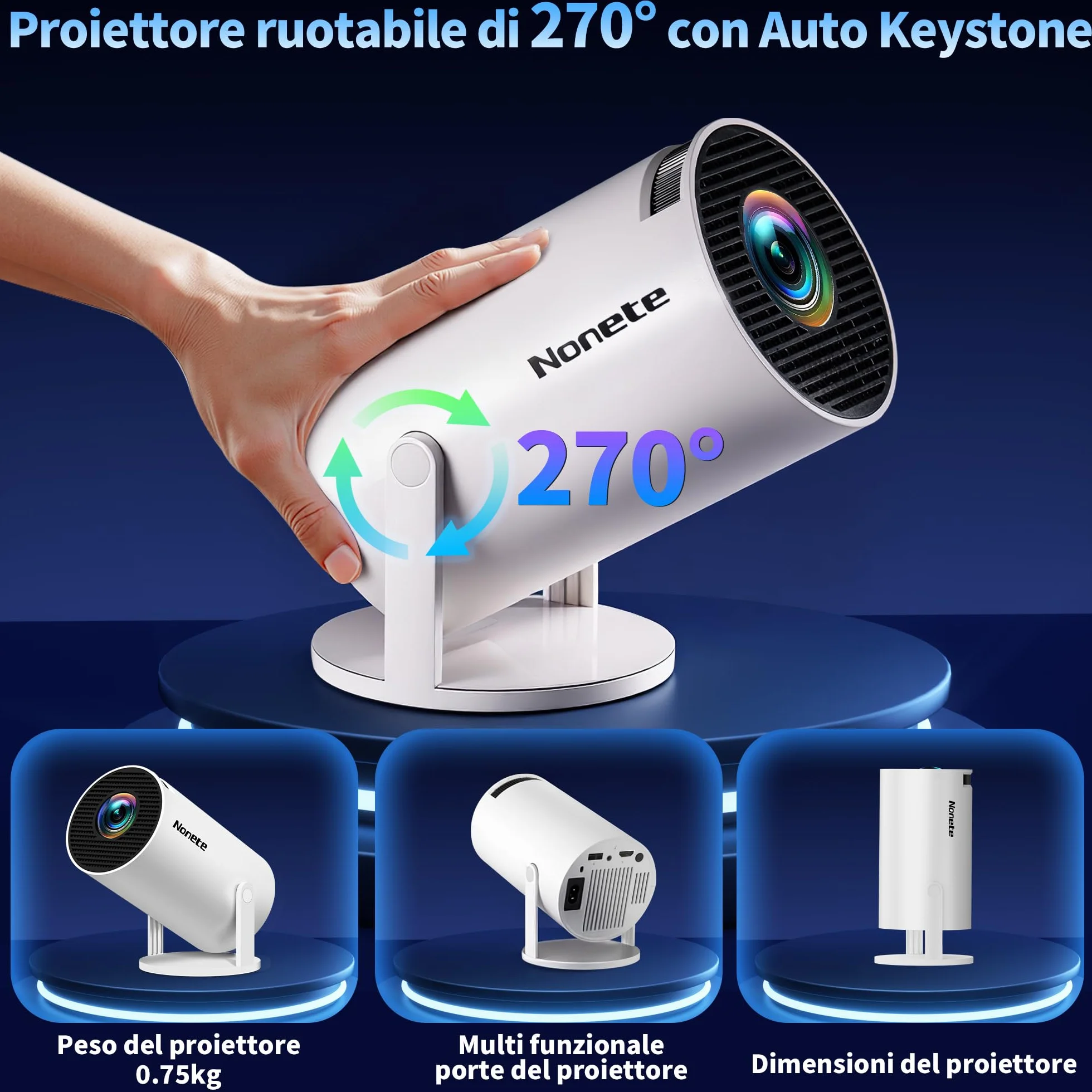 Projektor FHD 1080P [2026 Upgraded] Przenośny mini projektor 4K z WiFi 6 BT 5.2, obsługuje 270° obrotowy projektor samochodowy Keystone TV Stick/USB/HDMI/PC z kablem HDMI i myszą, biały