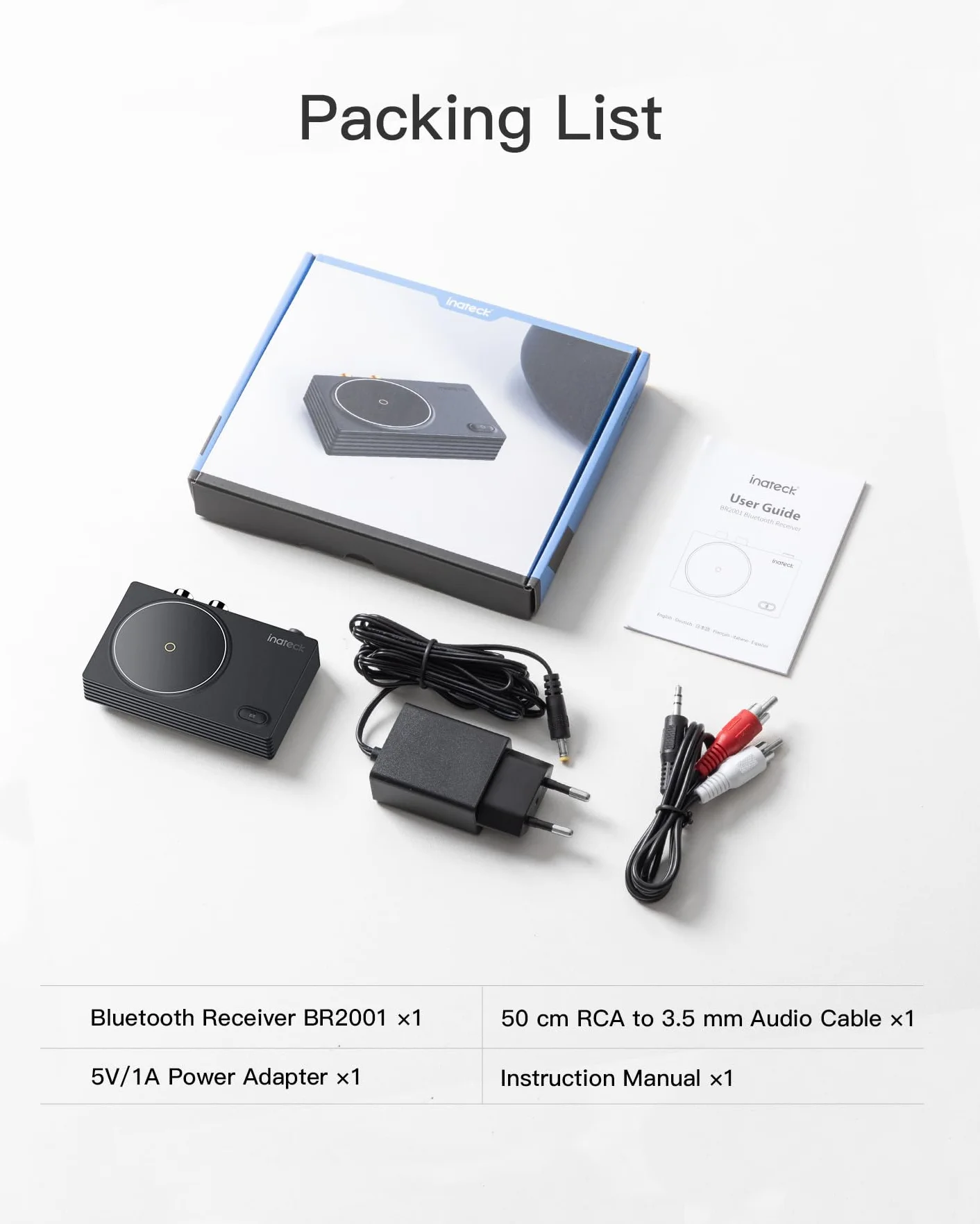 Inateck Odbiornik Bluetooth 5.1 adapter audio, z kablem AUX 50 cm RCA na 3,5 mm, do zestawu stereo/głośnika/zestaw słuchawkowy 3,5 mm, BR2001