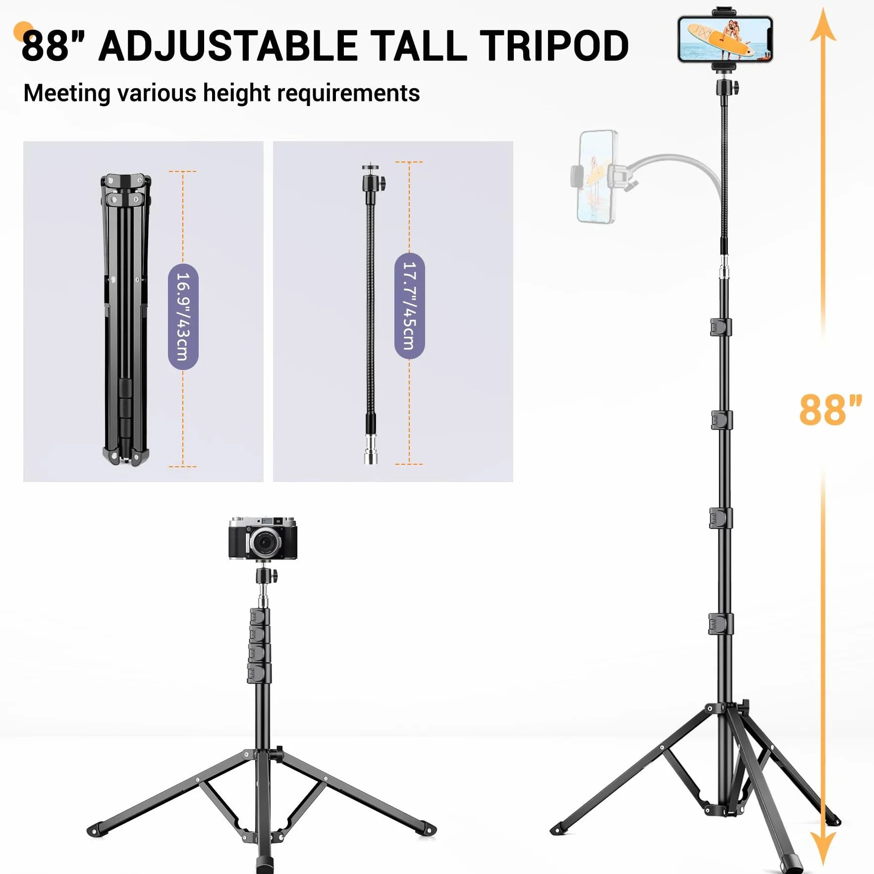 Victiv 224 cm Wysoki statyw do smartfonów, aluminiowy statyw do telefonów z regulowaną szyjką, pilotem, uchwytem telefonu, statywem aparatów fotograficznych lustrzanek cyfrowych Canon