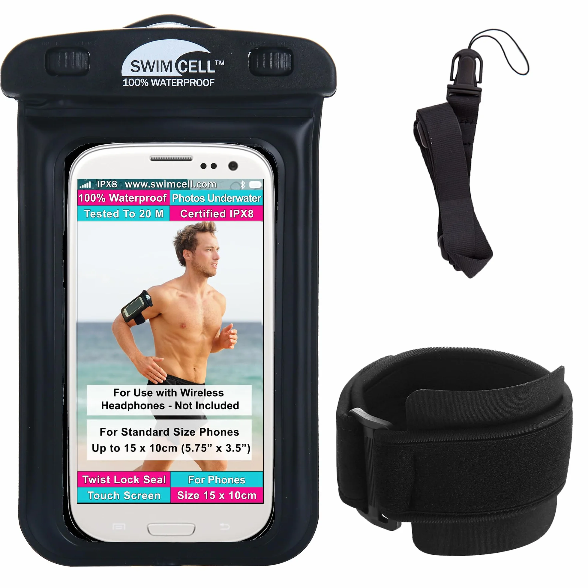 Wodoodporny uchwyt na telefon etui na ramię do pływania, biegania, chodzenia bez gniazda na słuchawki. Pasuje do telefonów o standardowym rozmiarze do 15 cm - iPhone, Samsung, Android. Regulowana