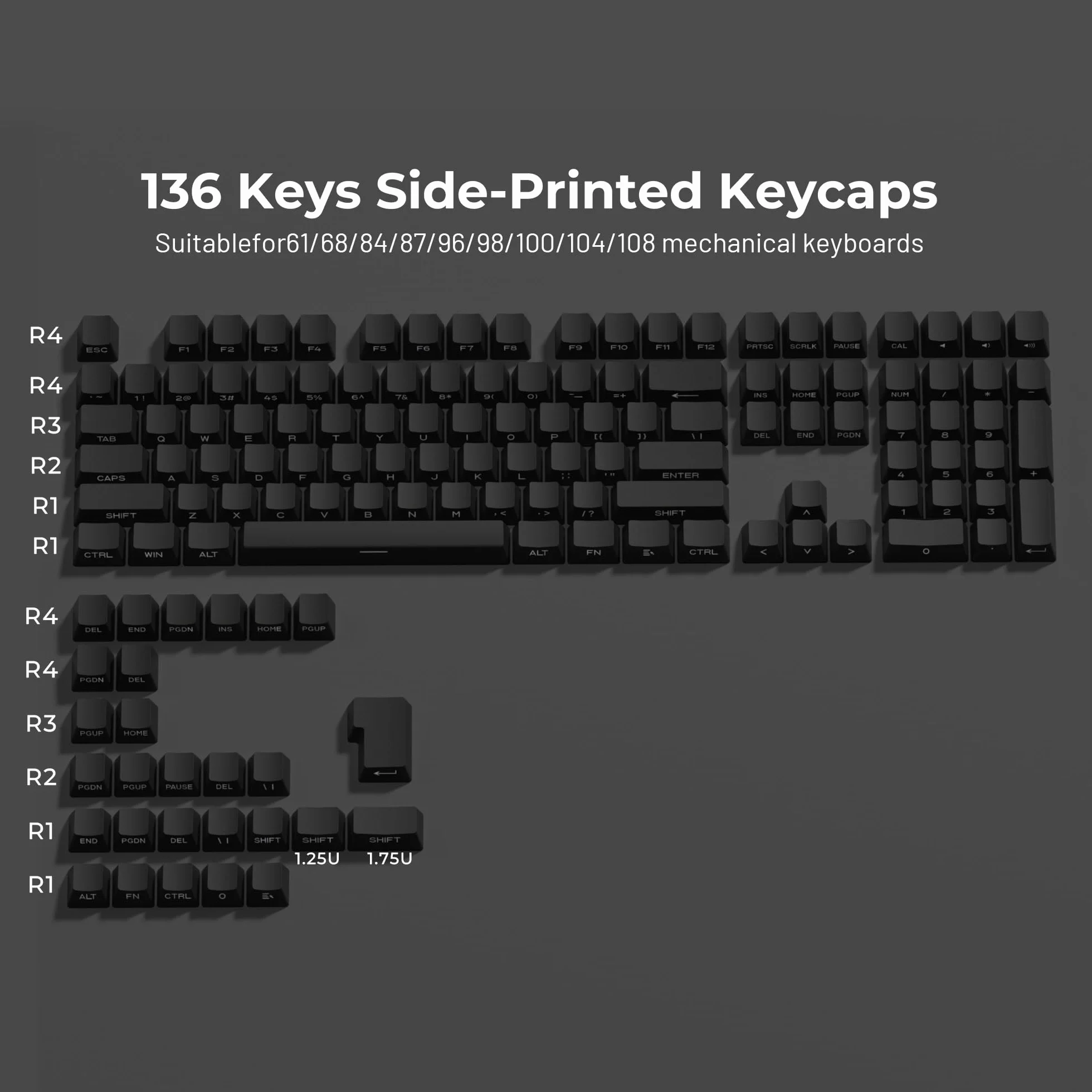 XVX Nasadki klawiszy PBT - nasadki klawiszy z nadrukiem bocznym 60 65 75 100 procent, Double Shot Shine Through Custom Key Caps, zestaw czarnych 136 klawiszy, profil OEM, minimalistyczny styl fantom
