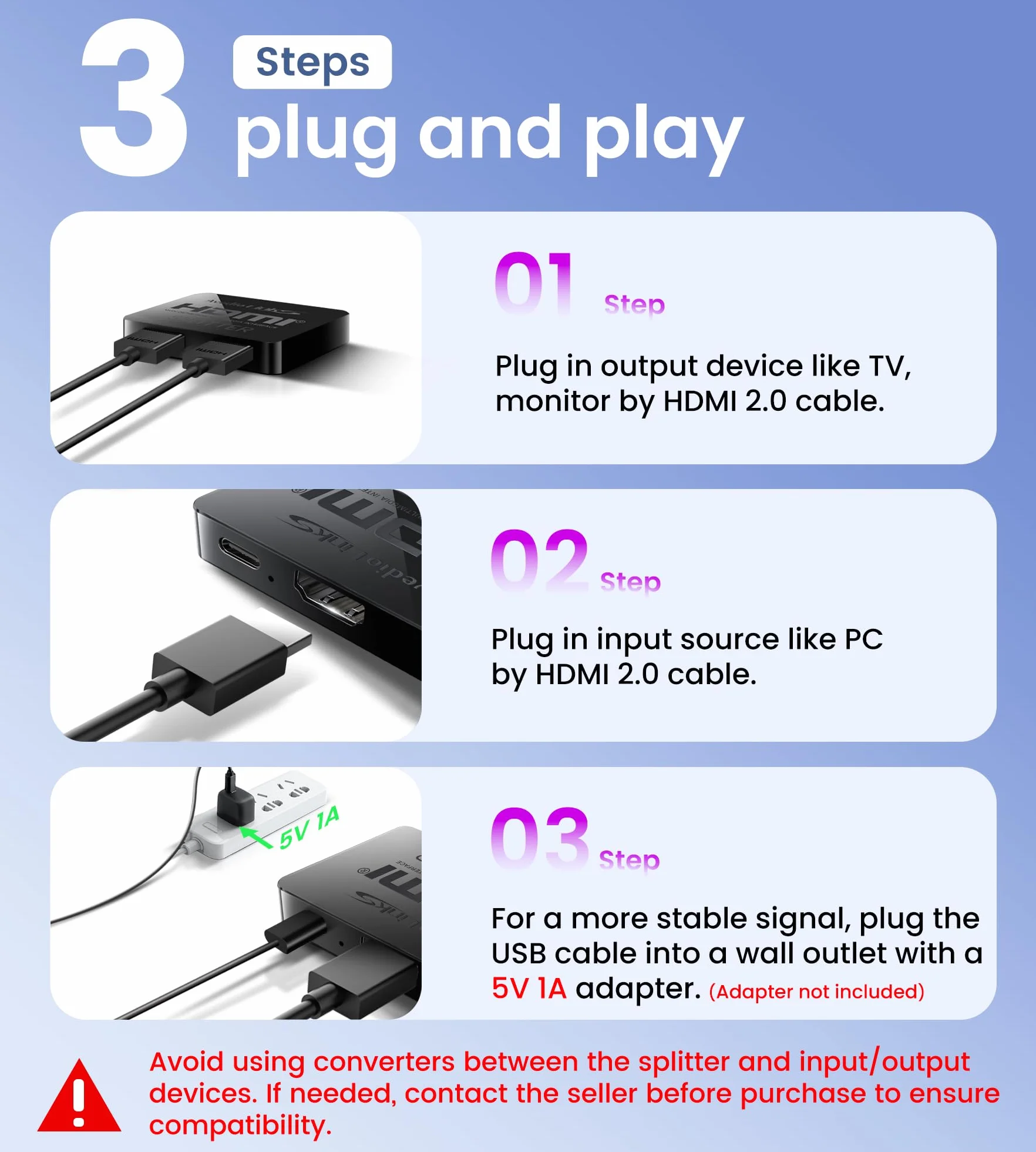 avedio links Rozdzielacz HDMI 1 w 2 Out [z kablem Hdmi 3,9 Ft ] Not for Extended Mode Mirror Same Screen Only, rozdzielacz 4K HDMI 2 monitory jednocześnie, rozdzielacz HDMI 1 w 2 Out do 3D 1080p @60Hz