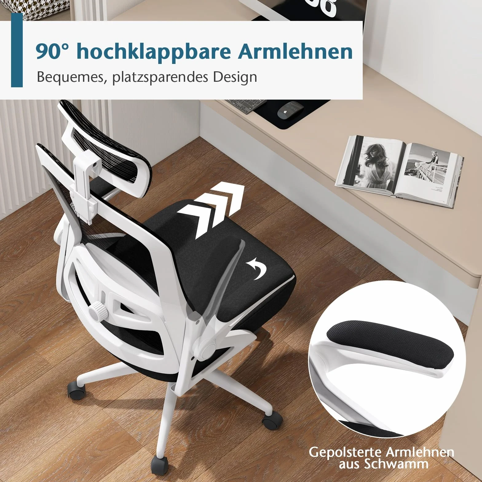 COSTWAY Ergonomiczne krzesło biurowe z regulowanym podparciem lędźwiowym i zagłówkiem, ze składanymi podłokietnikami i wysokim oparciem, obrotowe krzesło komputerowe z funkcją przechylania (białe)