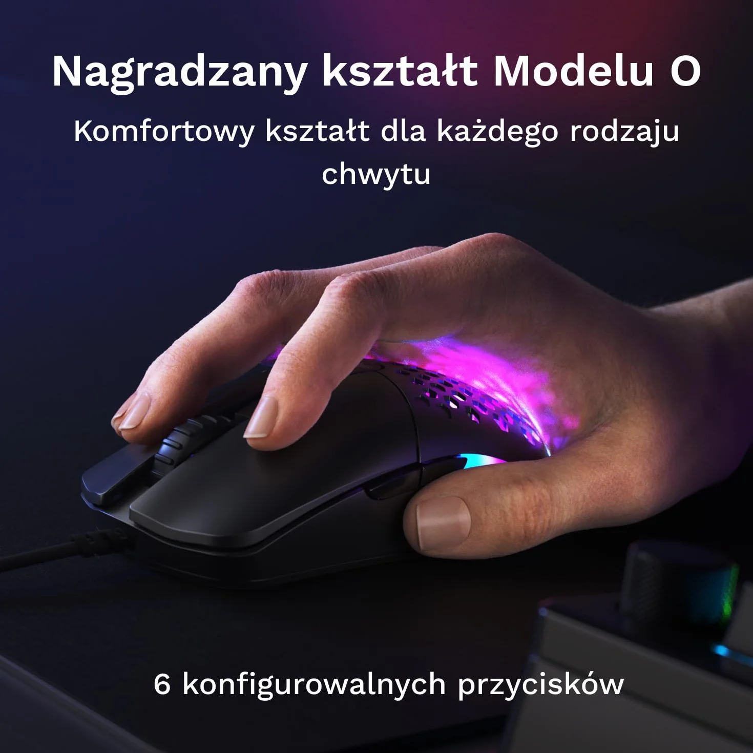 Glorious Model O Eternal – ultralekka mysz RGB – przewodowa – lekka (55g) – konfig. oświetlenie RGB – 6 konfig. przycisków – symetryczny design – czujnik opt. 12K DPI – PC/Mac – czarna