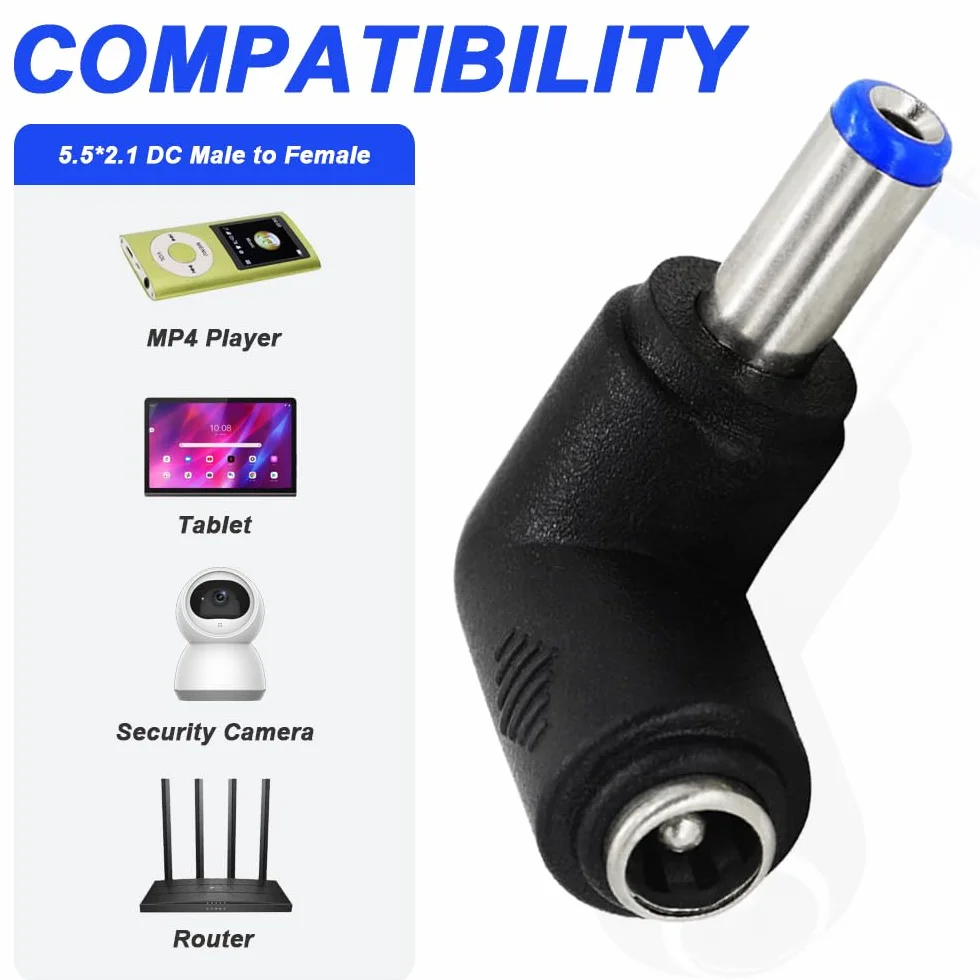 Adapter konwertera zasilania DC, kąt prosty 90 stopni 5,5 x 2,1 mm żeński na 5,5 x 2,1 mm męski DC wtyczka jack zasilania do laptopa, kabel DC (10 sztuk)