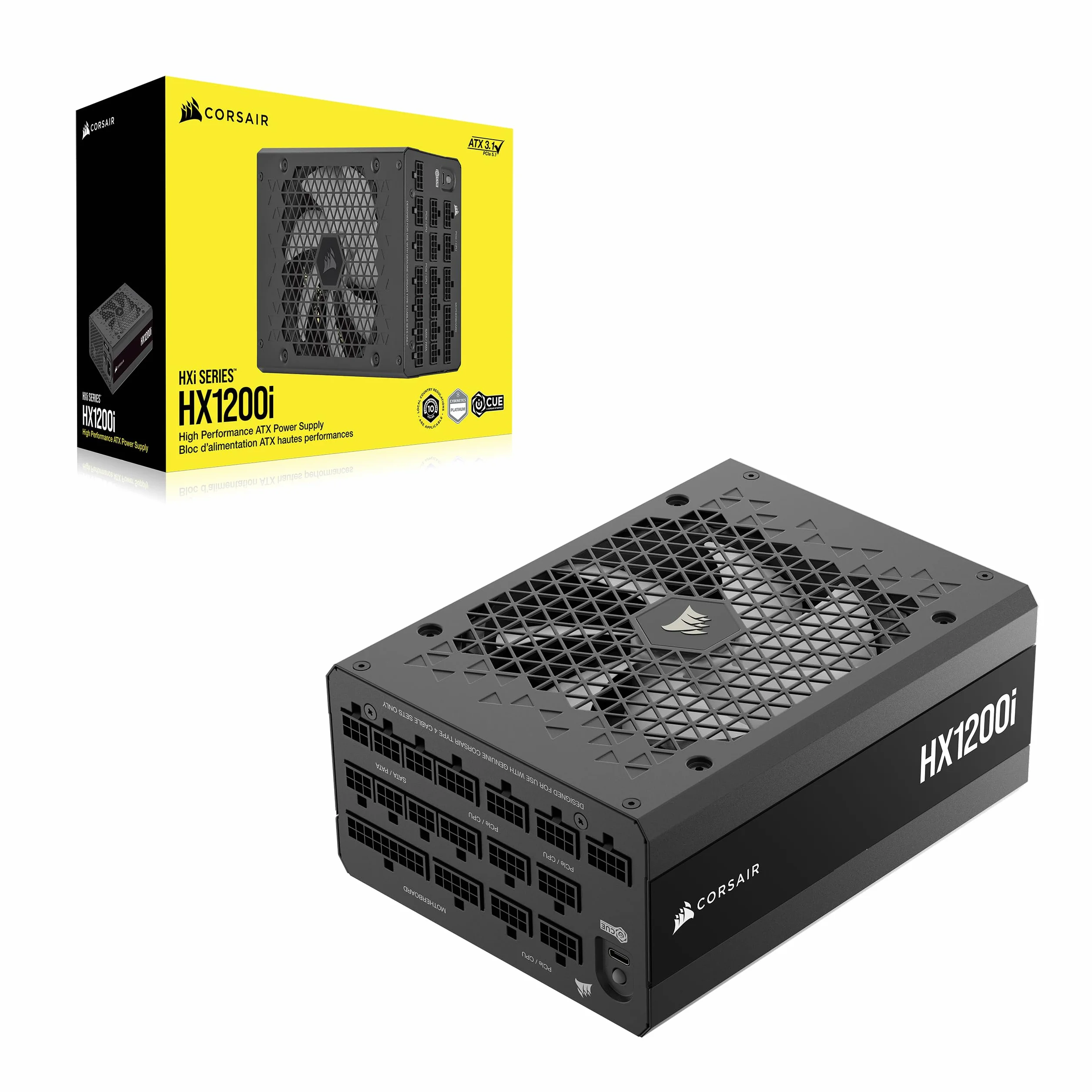 CORSAIR HX1200i (2025) W Pełni Modułowy Cichy Zasilacz ATX Zgodny Z kablem 12V-2x6 – Zgodna z ATX 3.1 i PCIe 5.1, Wydajność Klasy Cybenetics Platinum – Czarny | Z kablem, kompatybilny z ATX 3.1 i PCIe 5.1, wydajność Cybenetics Platinum