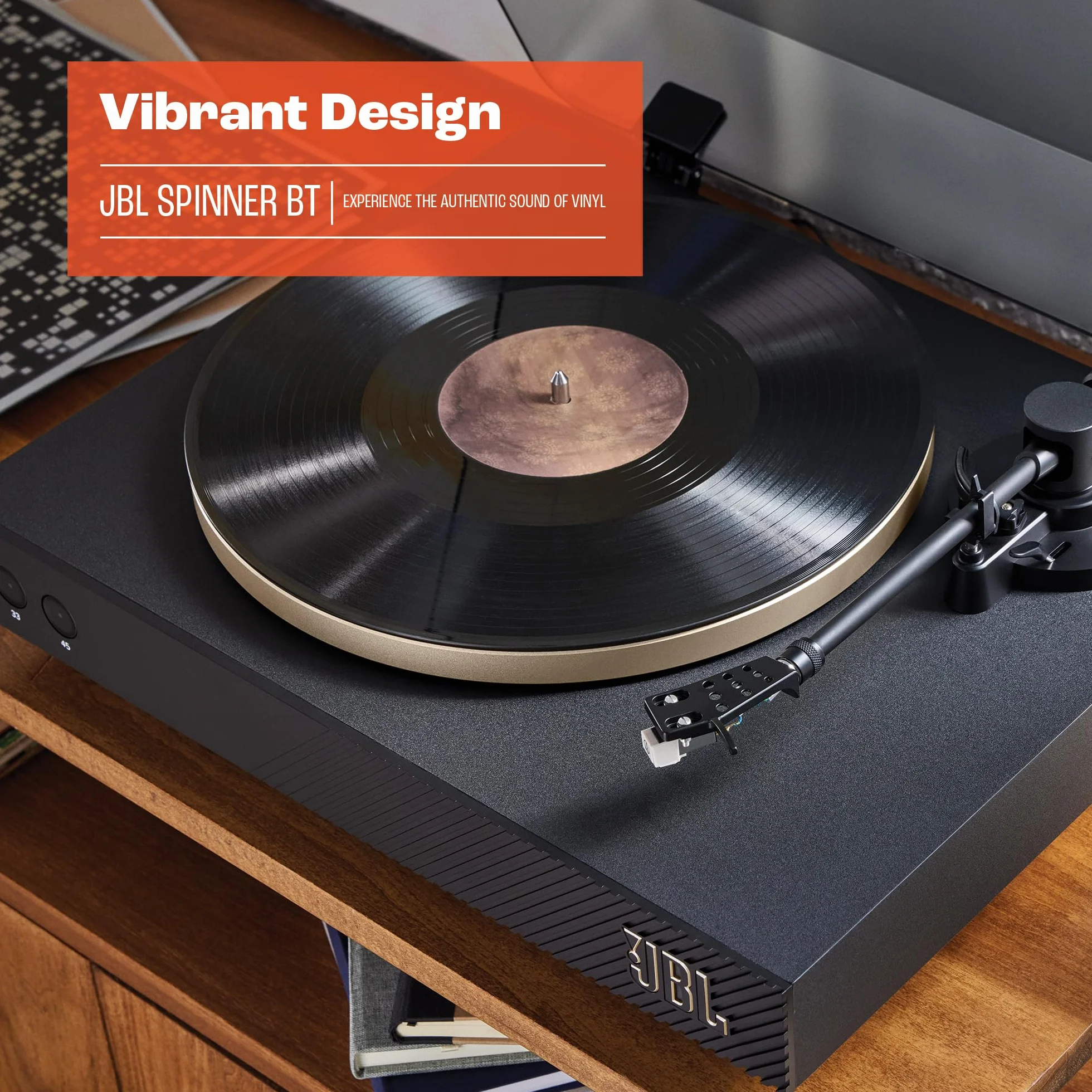JBL Spinner BT, Gramofon Bluetooth z AptX-HD, Odłączana Głowica, Aluminiowy Talerz Obrotowy i Napęd Pasowy, Wkładka Magnetyczna, Kolor Czarny i Złoty
