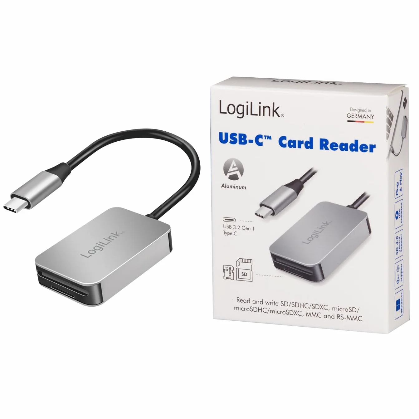 LogiLink CR0050 - podwójny czytnik kart, USB-C 3.2 Gen1 do kart SD, SDHC, SDXC, microSD, SDHC, SDXC, MMC i RS MMC do 1 TB, aluminium