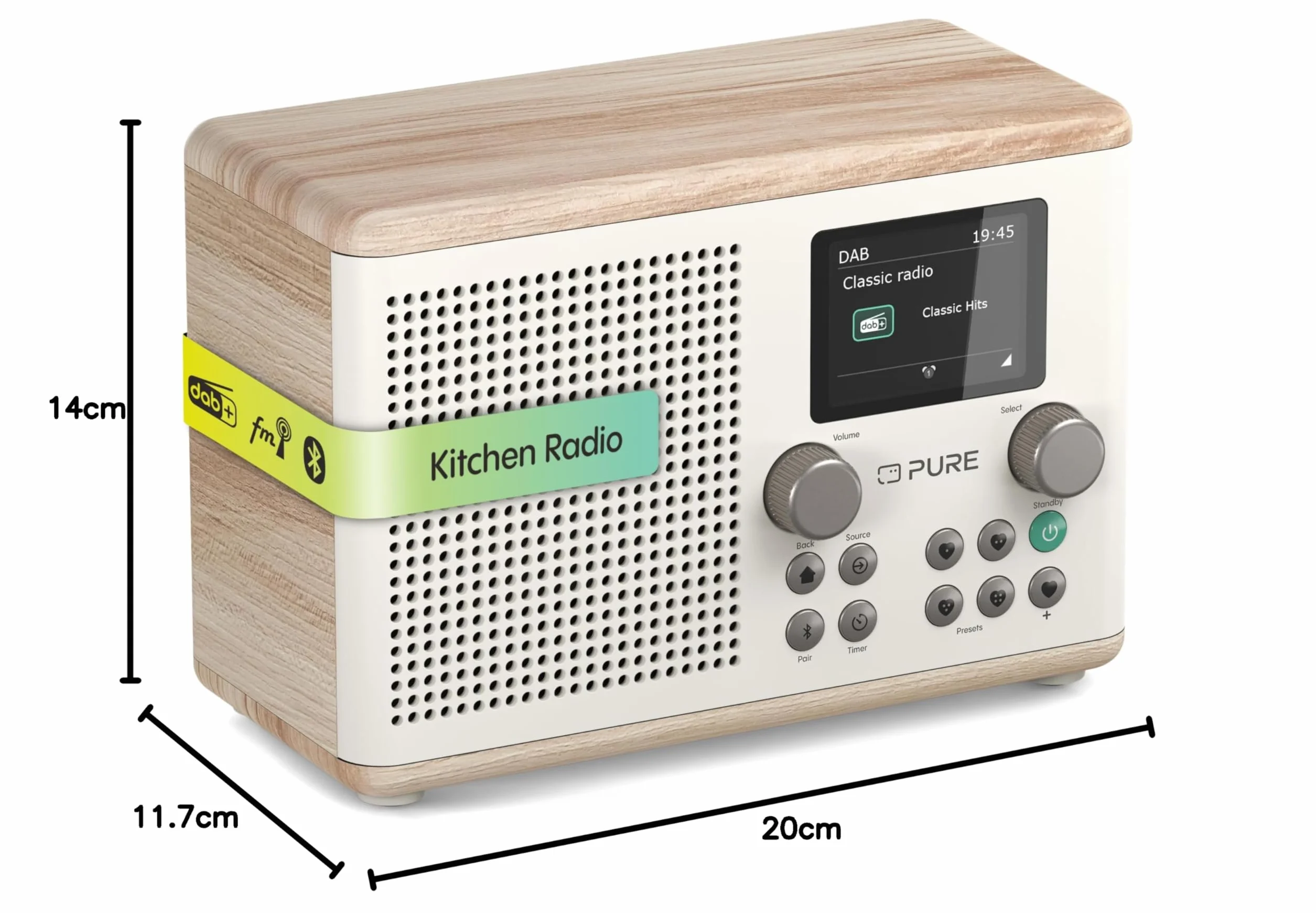 Pure Klasyczne cyfrowe radio kuchenne H4 (Dab+/FM, Bluetooth, USB, AUX, zegar kuchenny, alarm), biała bawełna/dąb