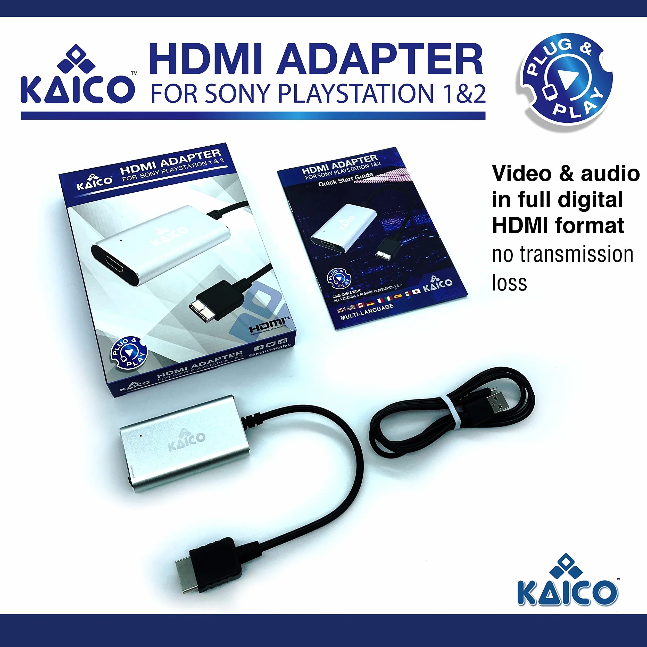 Kaico PS1 HDMI Adapter/PS2 HDMI Adapter compatible with all Sony Playstation 2 Models- Built in switch to swap between RGB or Component- PS1 & PS2 to HDMI converter for any HDTV