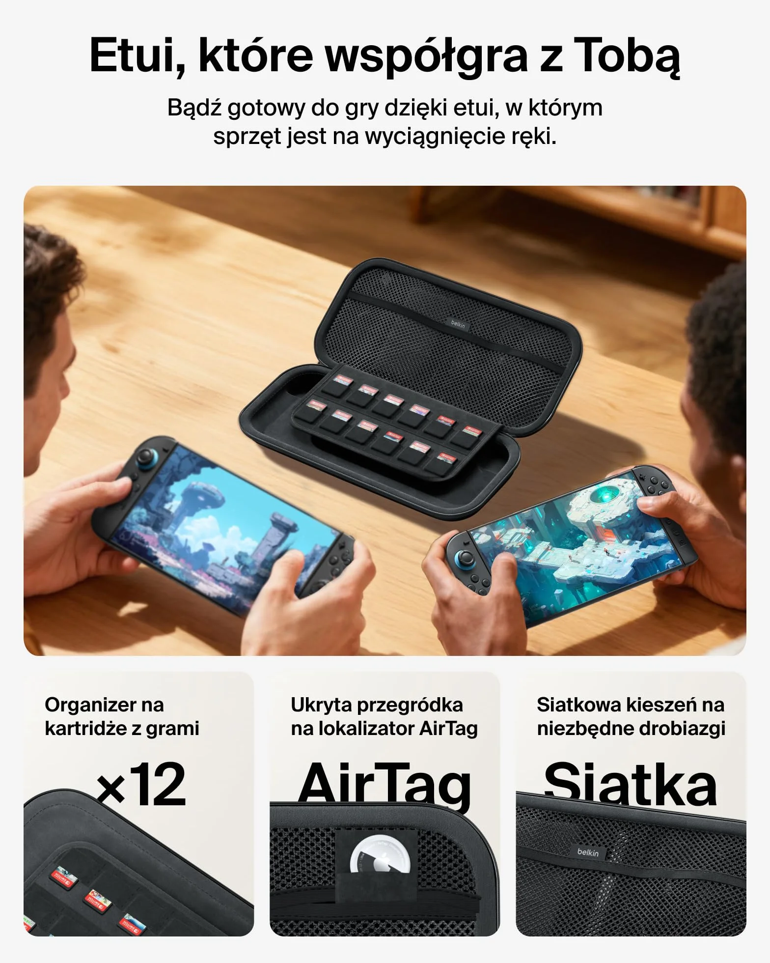 Etui podróżne Belkin Nintendo Switch 2 z uchwytem AirTag i kieszenią na kartridże z grą – lekka, twarda obudowa z miękką wyściółką, podróżowanie podczas grania – antracyt