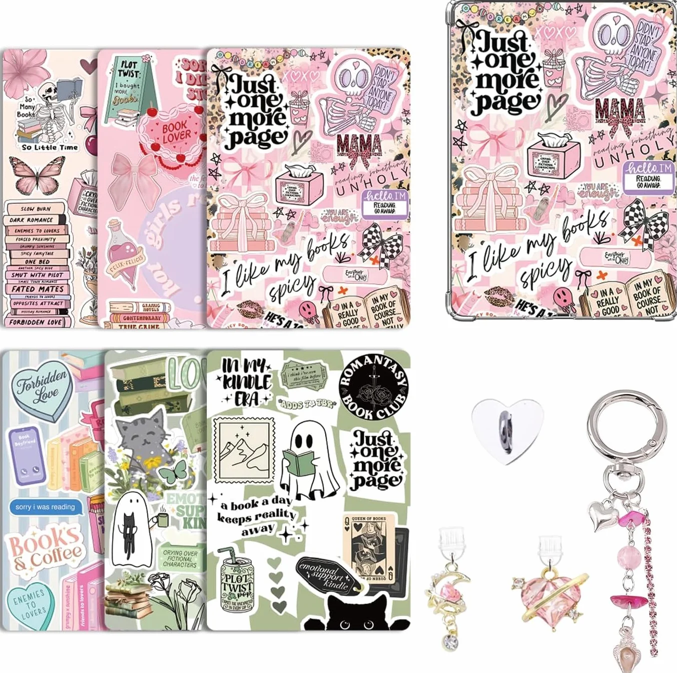 VelvetGlow 6 szt. przezroczystych wkładów do czytnika e-booków, 2 szt. zestaw zawieszek do zatyczek pyłoszczelnych, akcesoria retro charms, wkłady z kartonu do Kindle 11-12, prezent