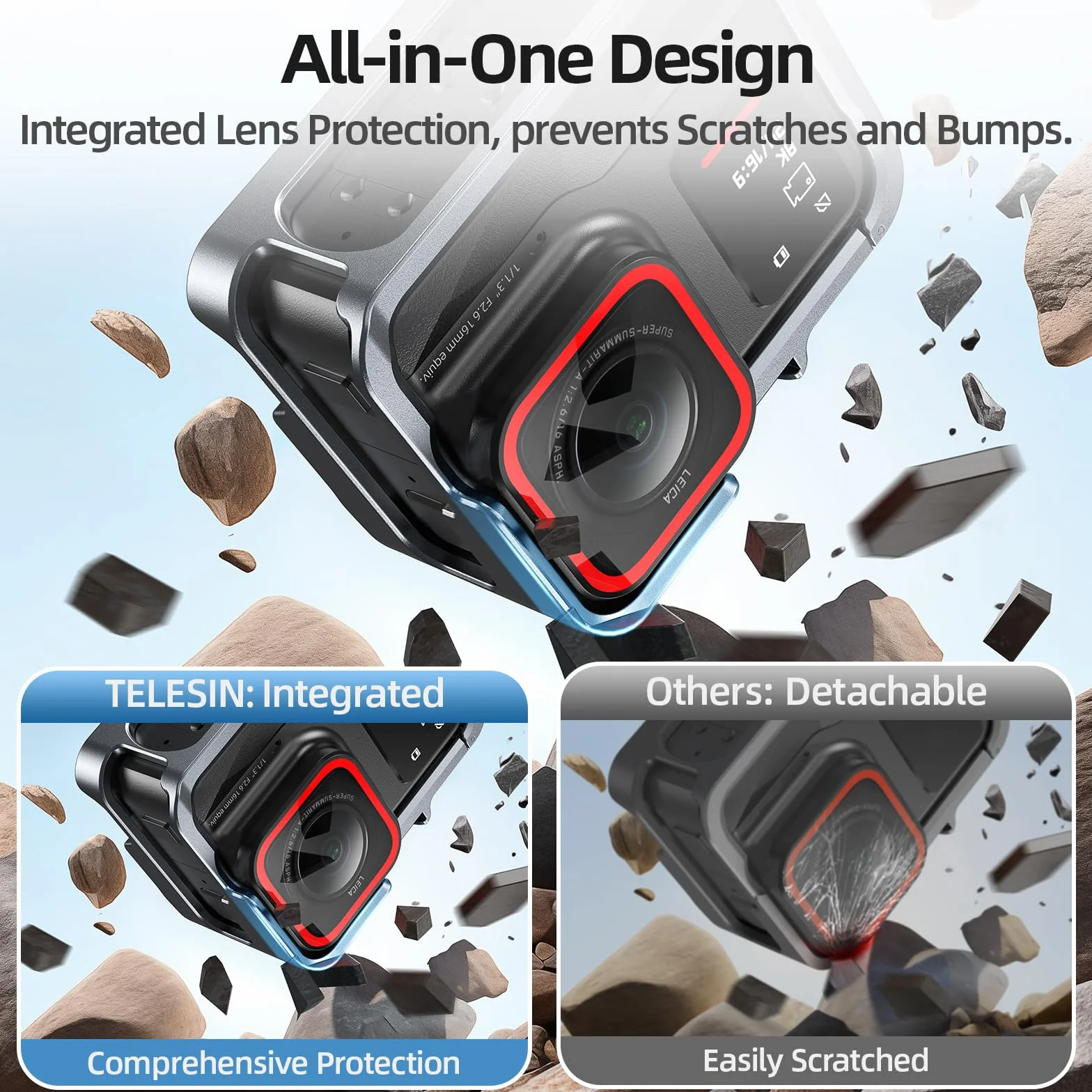 TELESIN Pionowa pozioma aluminiowa obudowa metalowa klatka do Insta360 Ace i Insta 360 Ace Pro akcesoria do statywu, obudowa ramy ochronnej, tuleja szkieletowa z zimnym butem 1/4 do mikrofonu