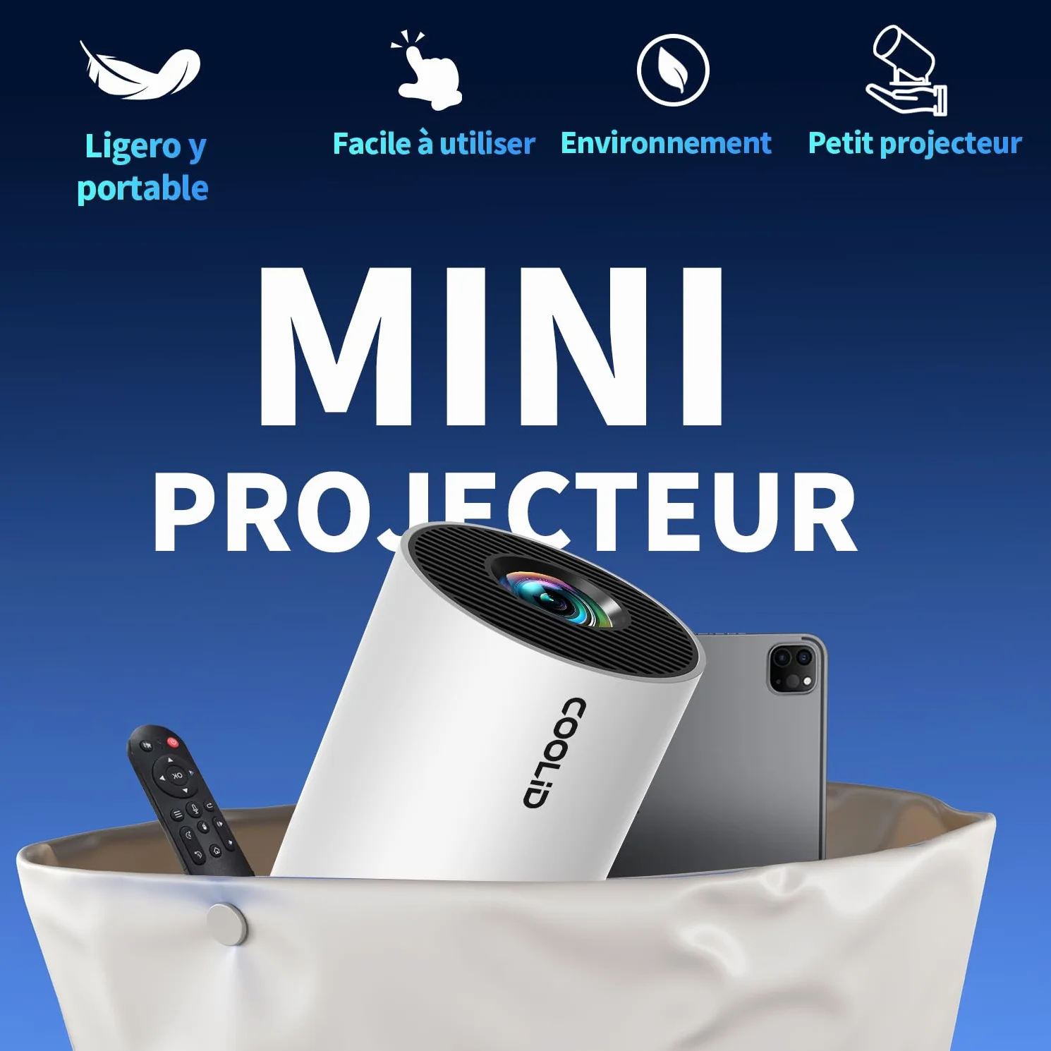 Mini projektor wideo 1080P z WiFi 6 BT 5.4, przenośny projektor 4K z telewizorem Android TV, obsługiwany projektor wideo do automatycznej korekcji trapezowej, obrót o 270°, z myszą, biały