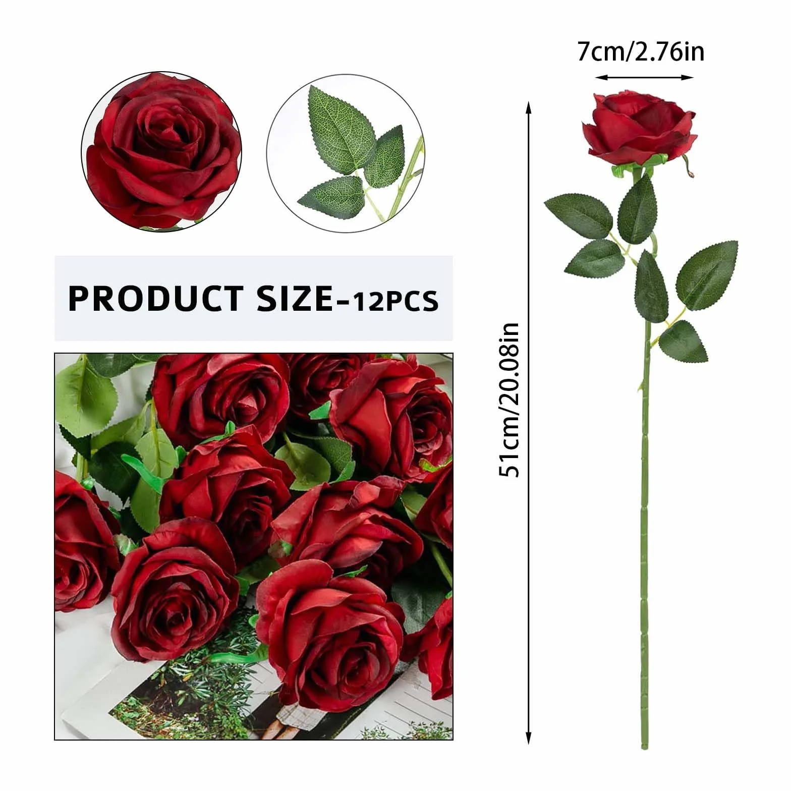 12 sztucznych róż 52 cm sztuczne róże realistyczne z zielonymi liśćmi, sztuczne róże jak prawdziwe, bukiet sztuczny do domu, ślubu, imprezy, ogrodu (kolorowe wino)