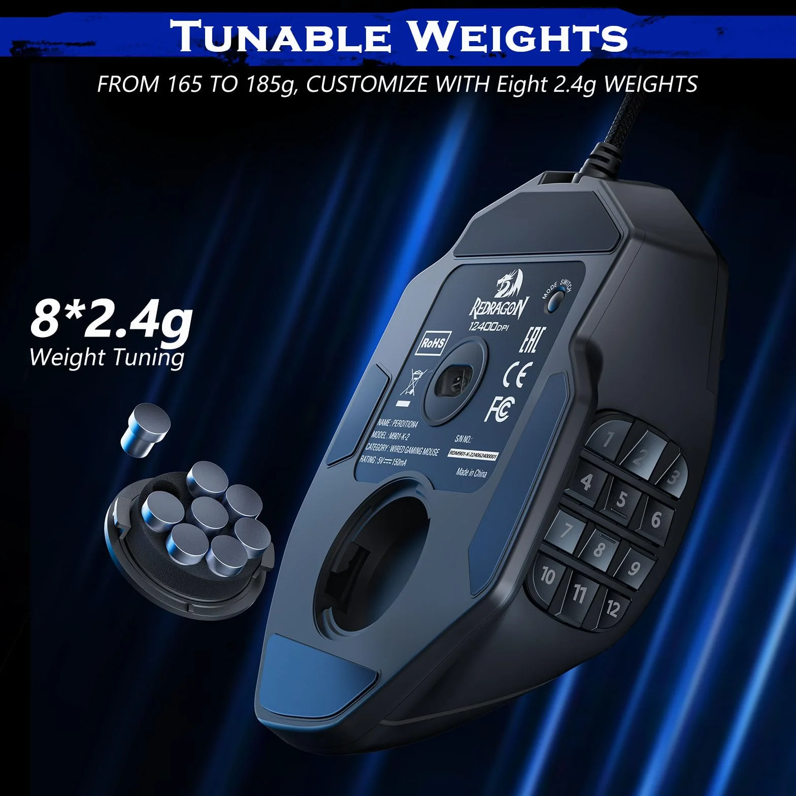 Redragon M901K MMO Gaming Mouse 16,000 DPI, 16 Programmable Buttons, RGB, 8x2.4g Weight Tuning, Black