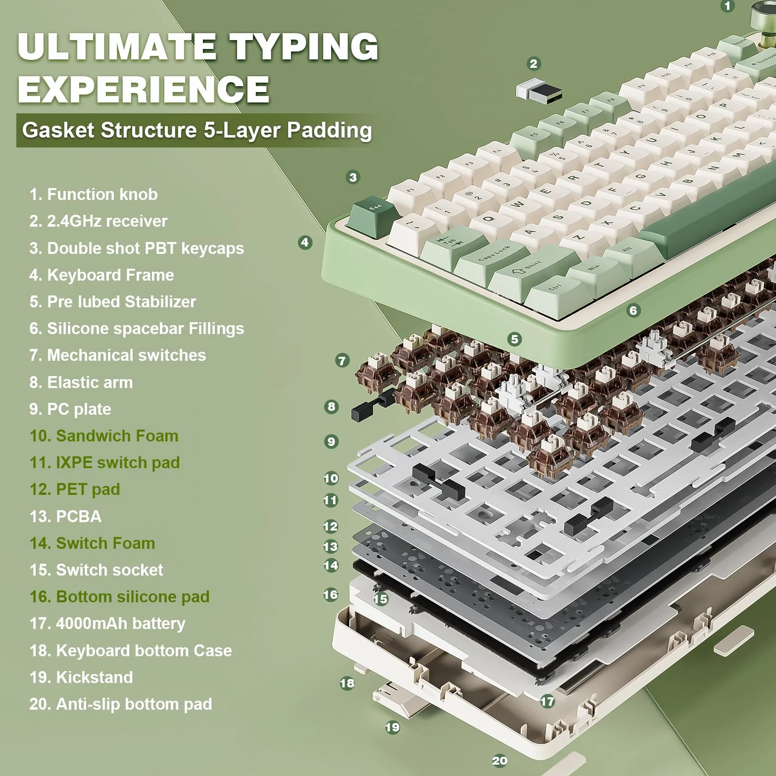 YUNZII B75 PRO Bezprzewodowa Klawiatura Mechaniczna,75% Uszczelka Klawiatury Do Gier Hot Swap Keyboard Z Pokrętłem, BT/Type-C/2.4G Kremowa Klawiatura (zielony, Cocoa Cream V2 Switch)