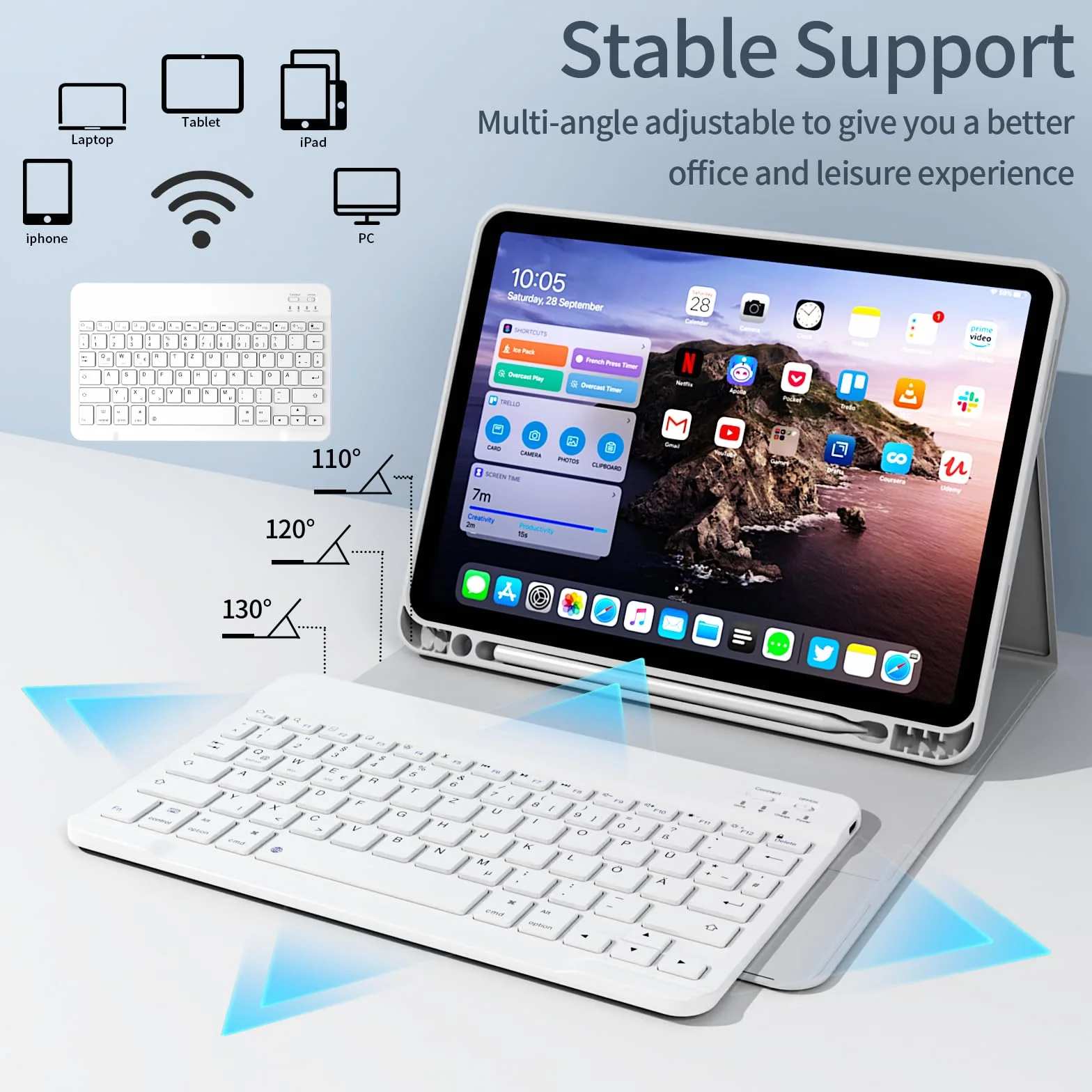 Etui z klawiaturą do iPada Air 11 cali 2025 2024 (M3/M2), iPad Air 5 4 2022/2020 10,9 cala, miękka tylna obudowa TPU z uchwytem na długopis, magnetyczne zdejmowane etui na klawiaturę, szare