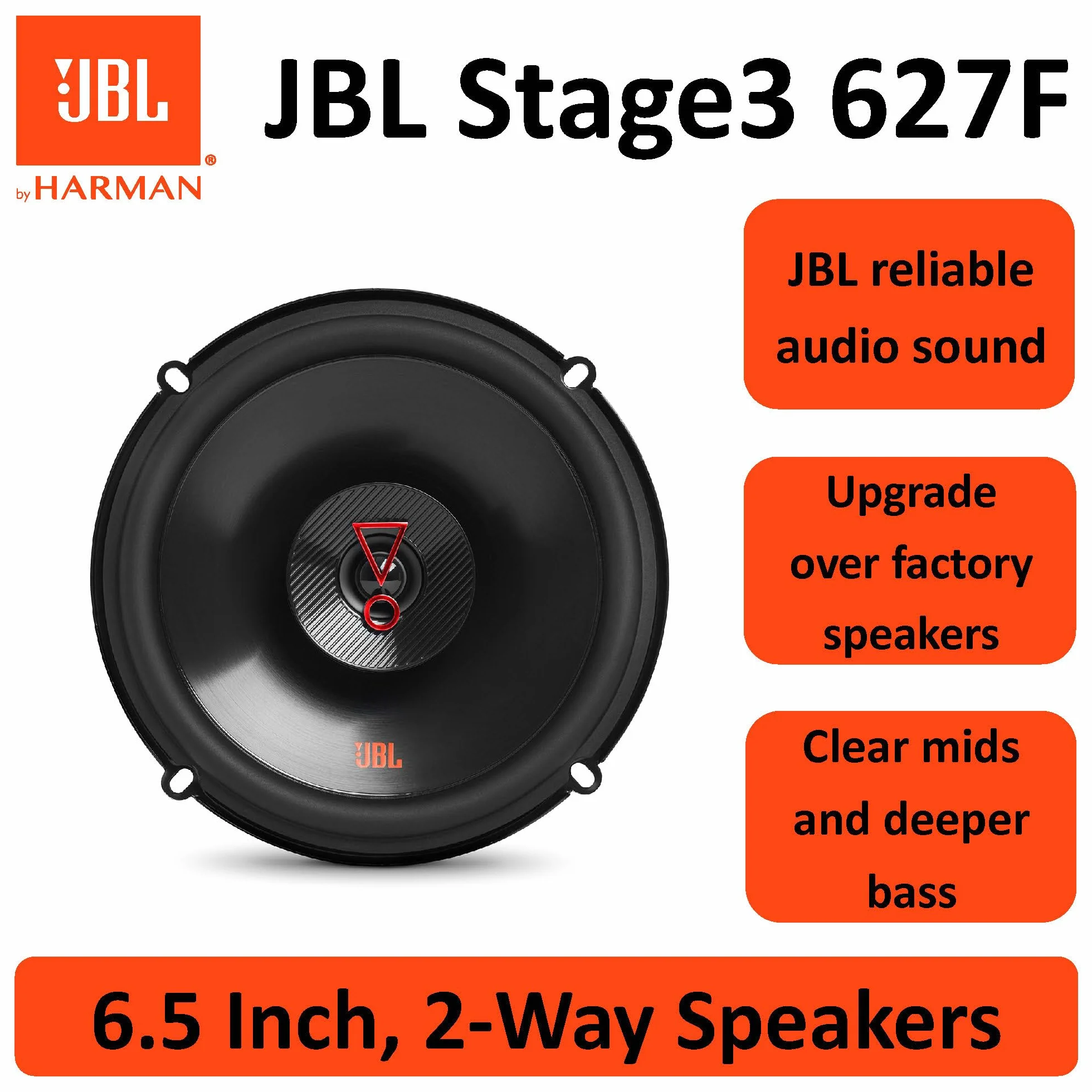 JBL Stage3 627F zestaw głośników samochodowych 16 cm 2-drożny - Harman Kardon 225 W, 2 sztuki, zestaw stereo HiFi, duży, 160 mm - 6,5 cala, bez osłony grilla
