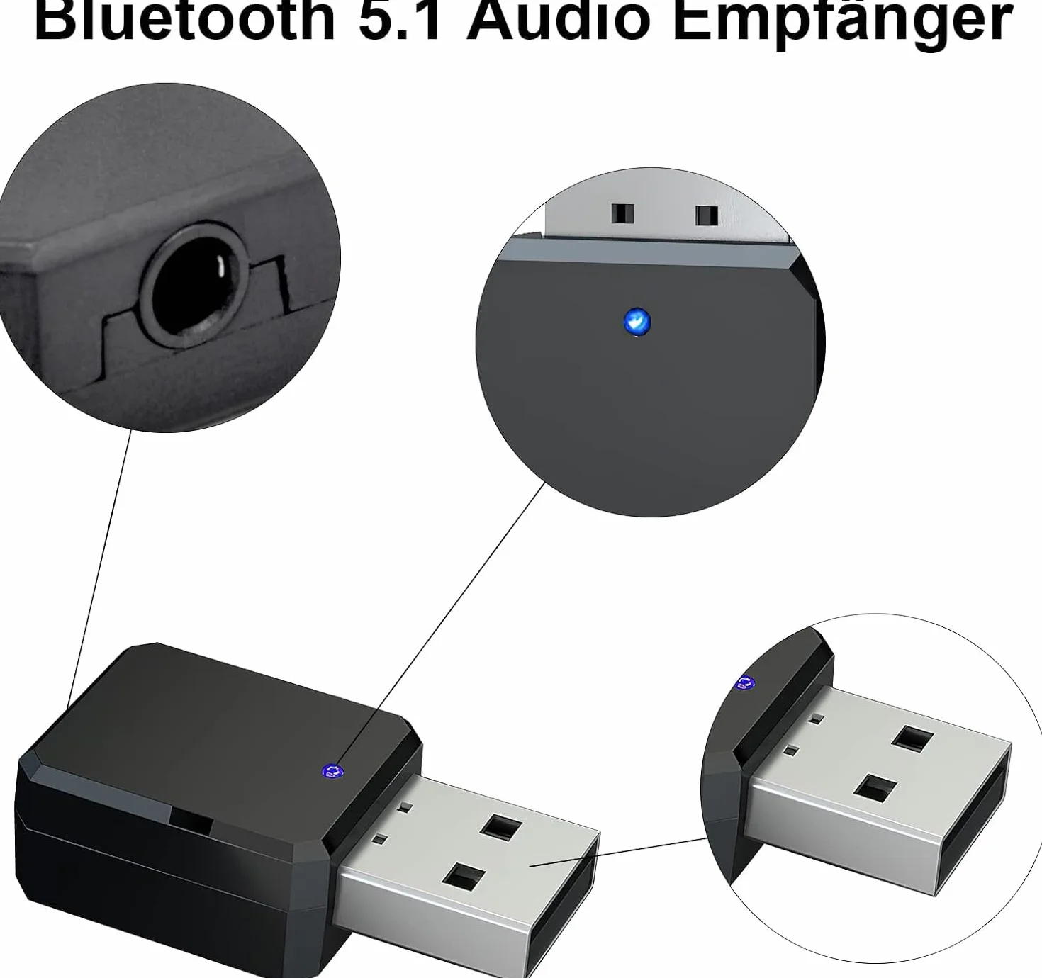 HENGBIRD Samochodowy odbiornik USB Bluetooth 5.1 z 3,5 mm AUX, interfejs USB Plug & Play, wbudowany mikrofon, Plug and Play, podwójne połączenie, nadaje się do samochodów / PC/TV/głośników
