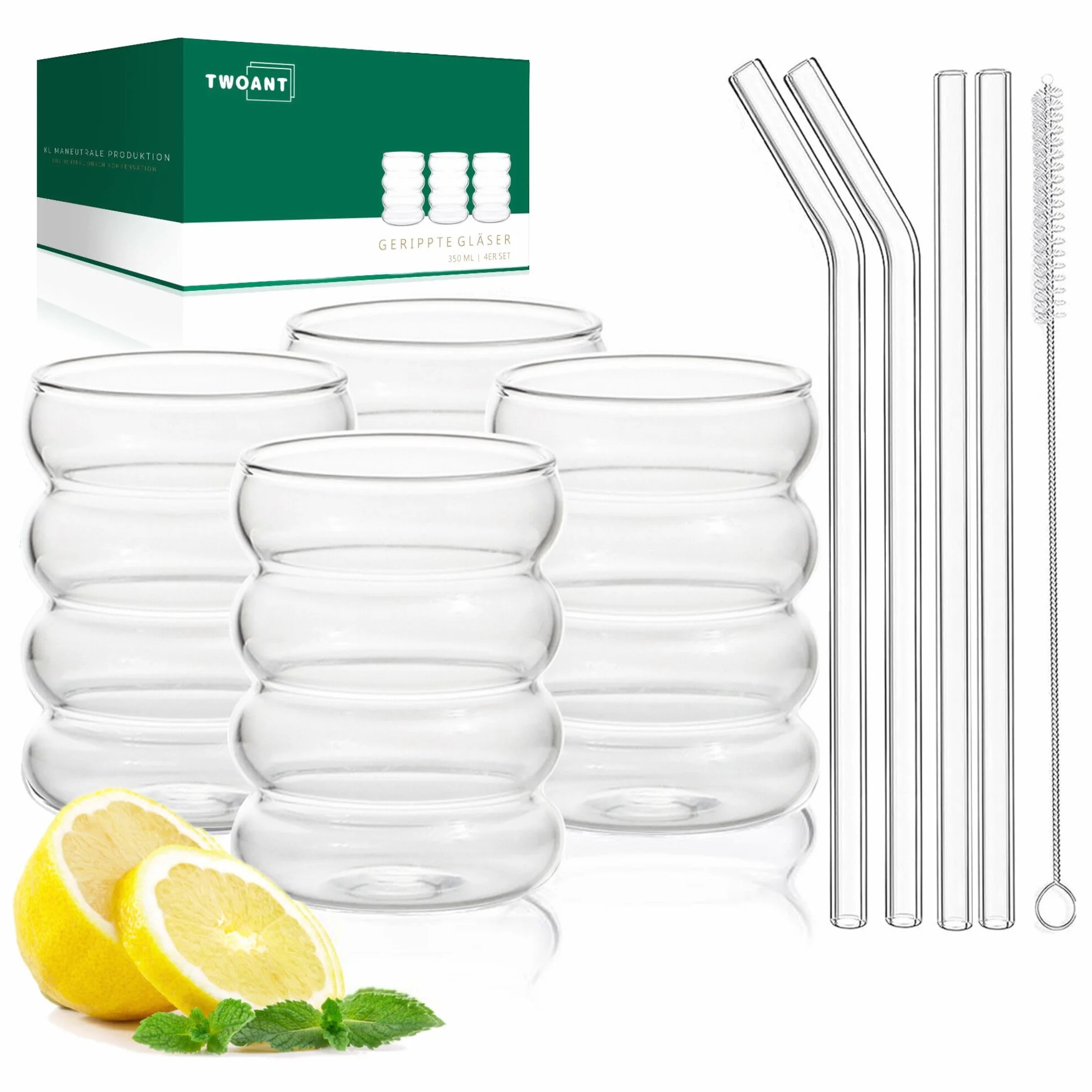 twoant Żebrowane szklanki do picia 350 ml, zestaw 4 szklanek do koktajli, faliste szklanki do wody, soku, ze szklanymi słomkami i szczotkami