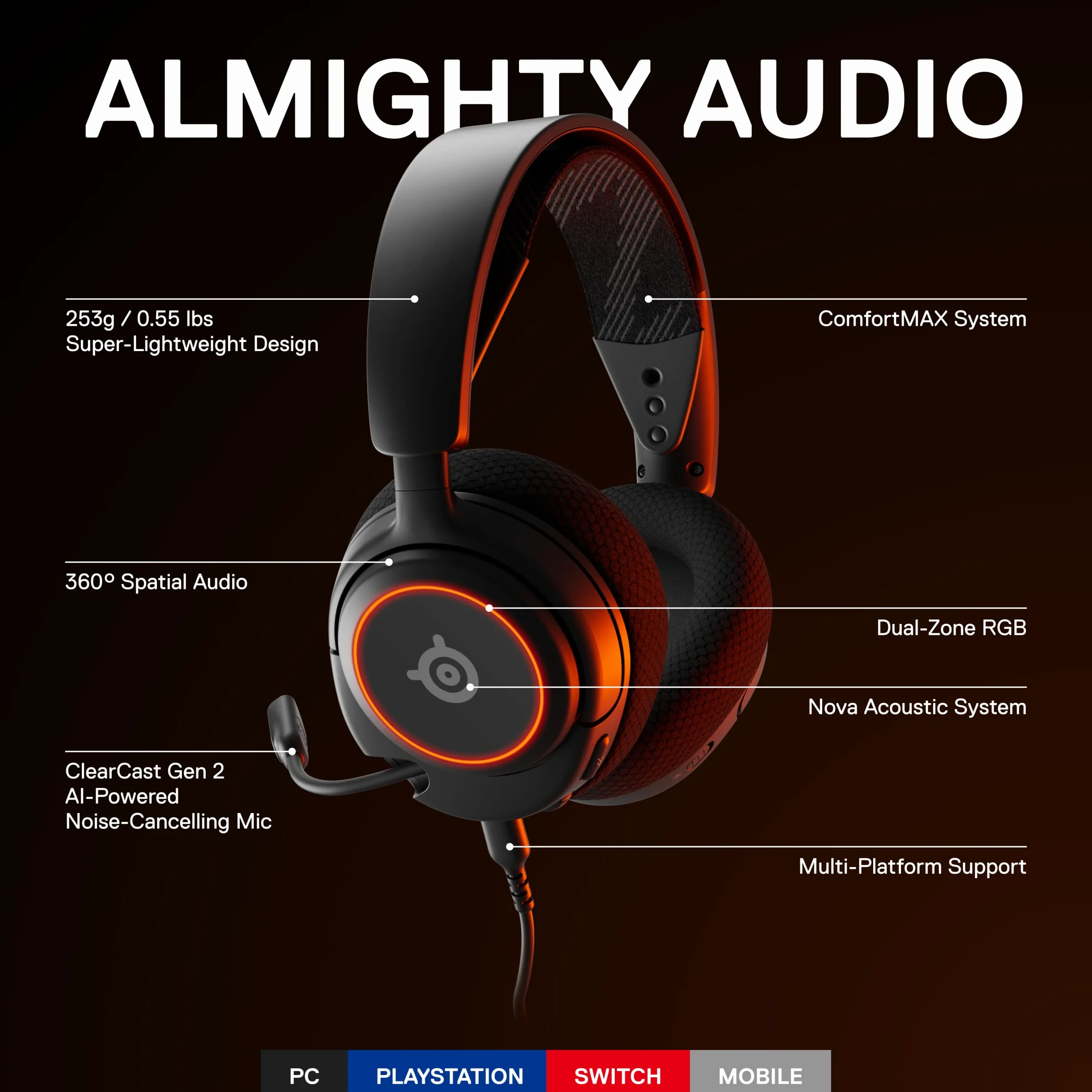 SteelSeries Arctis Nova 3 Zestaw słuchawkowy do gier wieloplatformowy - Signature Arctis Sound, ClearCast Gen 2, PC, PS5/PS4, Xbox Series X|S