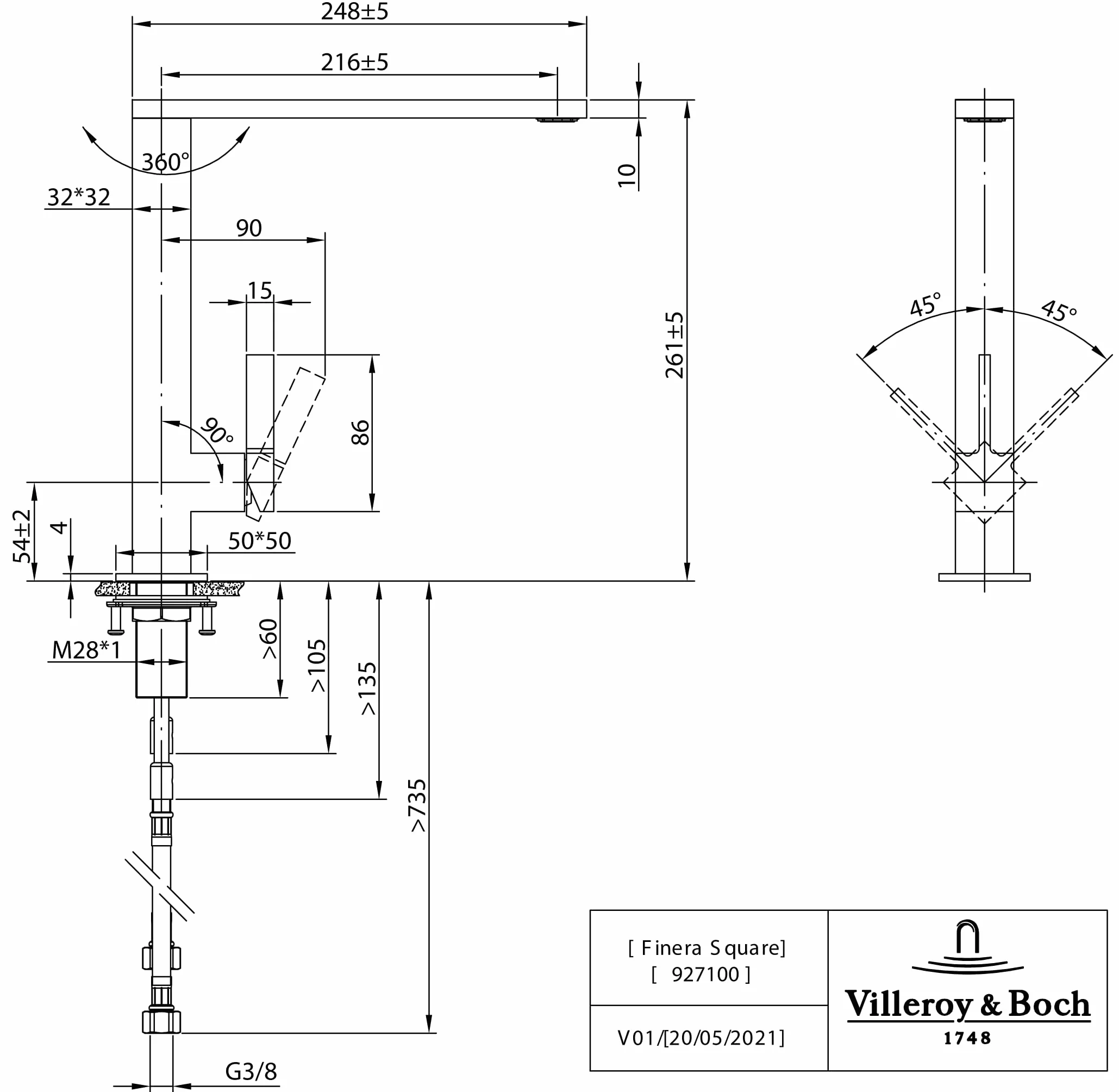 Villeroy & Boch Finera Square armatura kuchenna, wysokociśnieniowa, kran kuchenny z ceramicznym wkładem i zakresem obrotu 360°, bateria zlewozmywakowa, oszczędność wody, wysokość wylewki 251 mm,