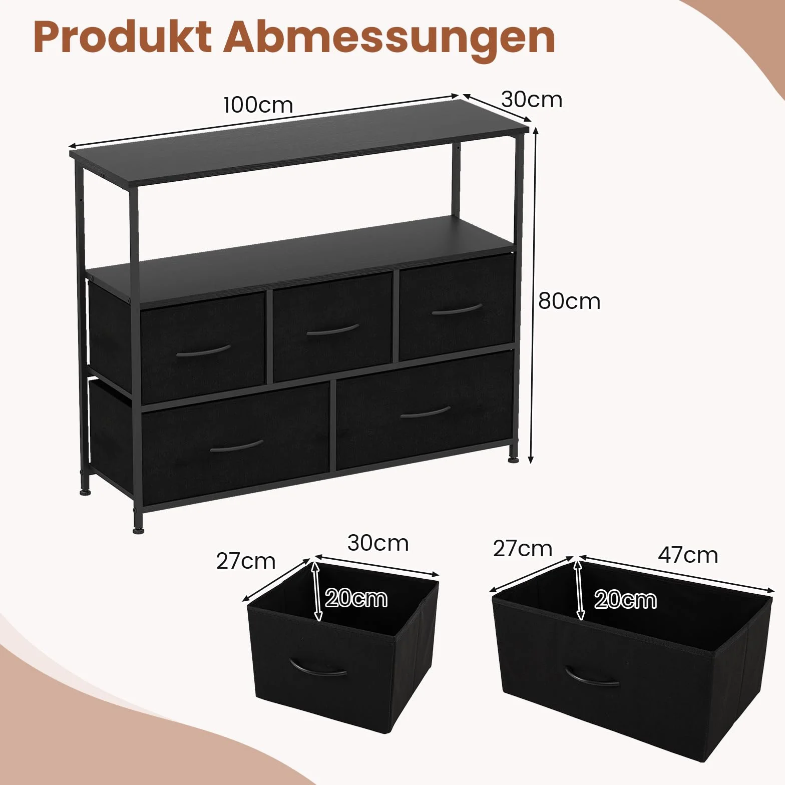 COSTWAY Komoda 5 szuflad z drewnianym blatem i metalową ramą 100×30×80 cm