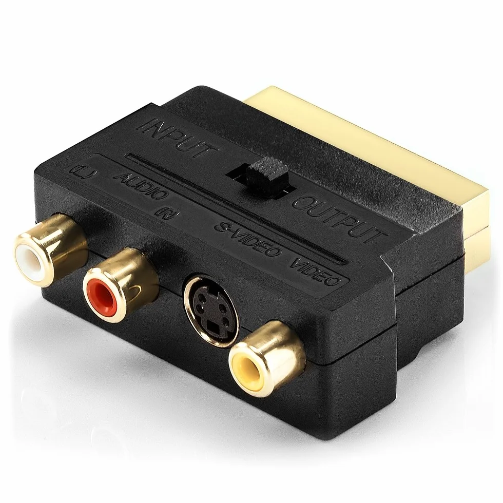 deleyCON Scart na 3x gniazda cinch przełącznik IN/OUT + adapter S-VIDEO S-VHS AV audio video - Czarny