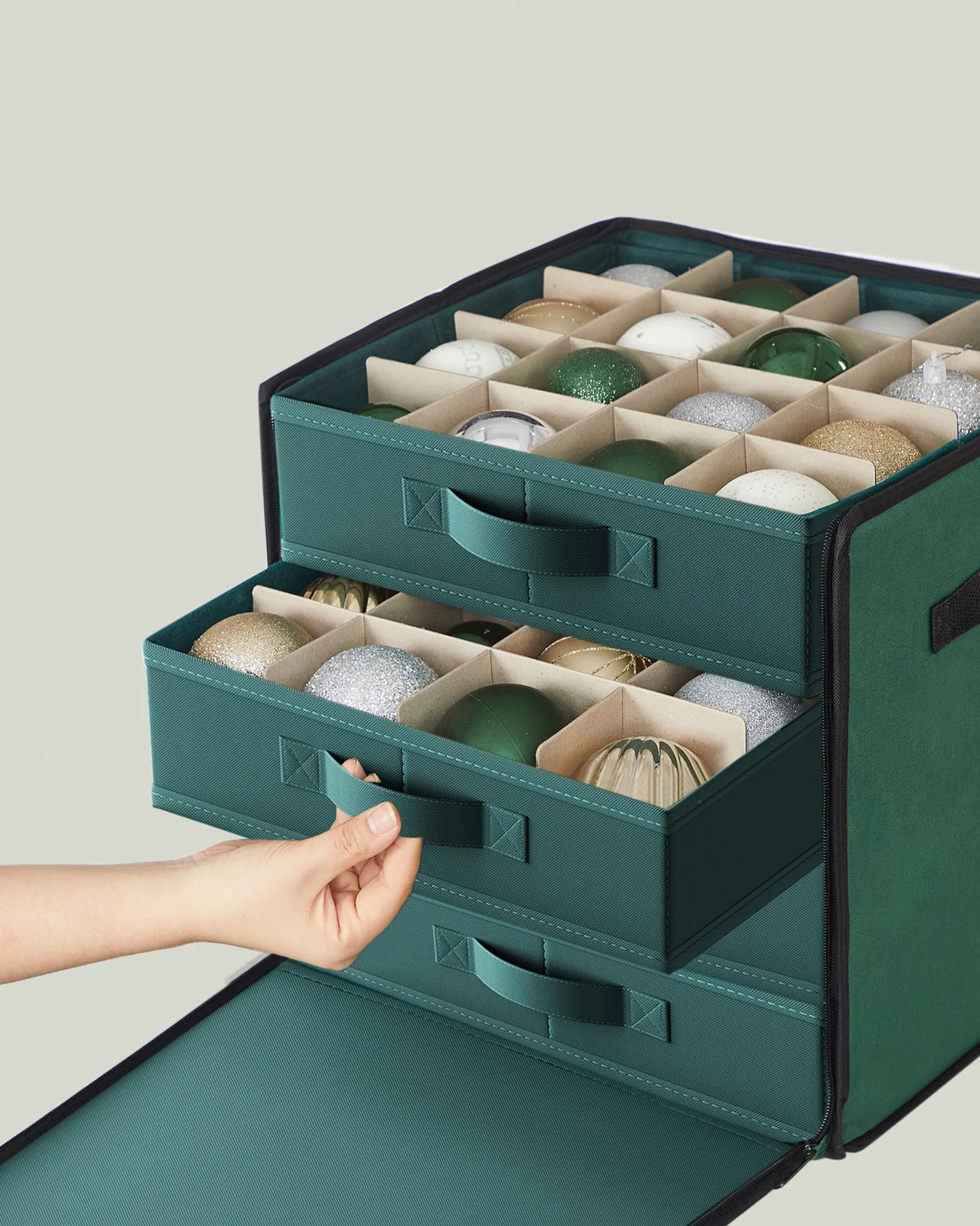 SONGMICS Organizer na bombki świąteczne Boczne otwieranie Możliwość układania w stosy 4 szuflady Tkanina Oxford 600D 64 przegródki 3" każda leśna zieleń RFB037C01