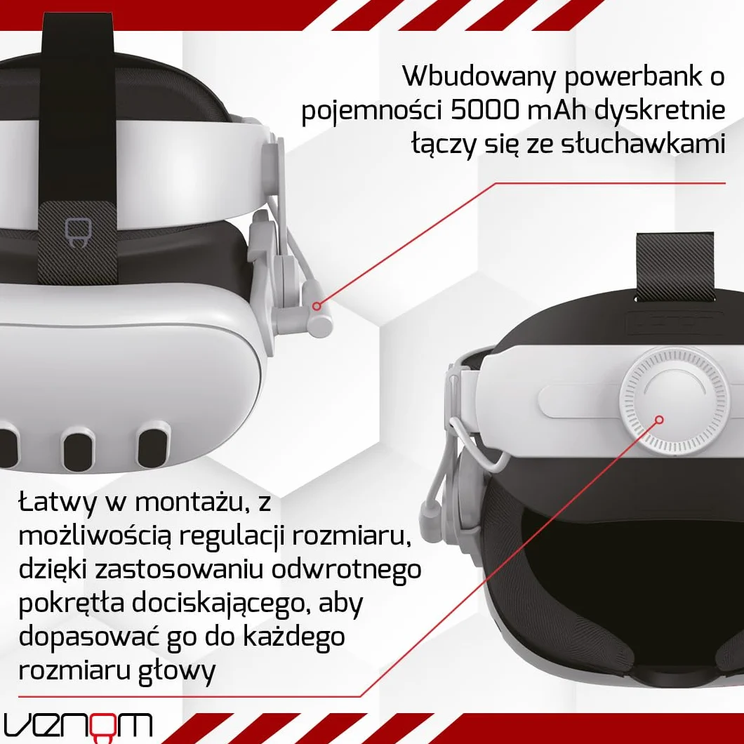 Venom Pasek Power Strap do Meta Quest - wyściełany pasek na głowę z power bankiem - kompatybilny z Quest 2, Quest 3, Quest 3S