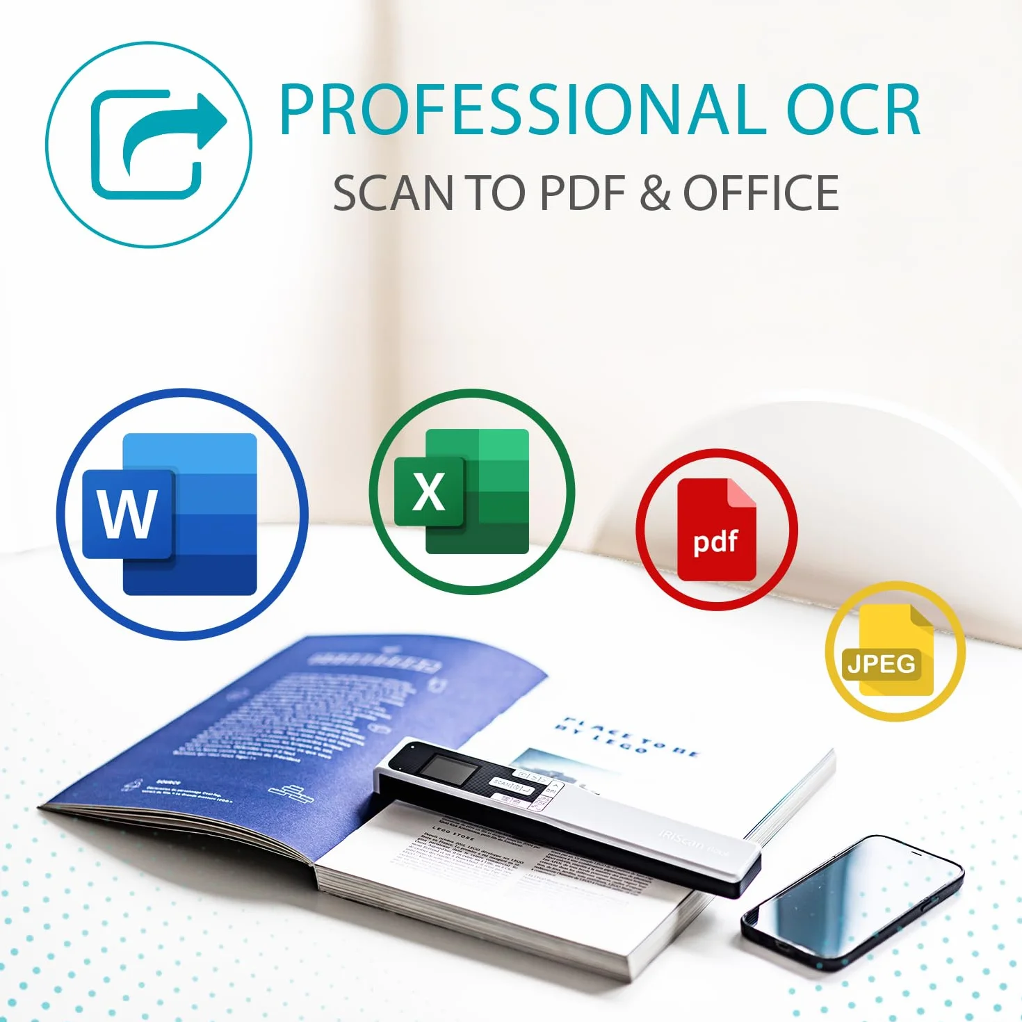 IRIScan Mobilny skaner książkowy z akumulatorem: 12 PPM skaner dokumentów, darmowy edytor PDF, mini skan do Word, PDF, XLS, karty SD, skaner ręczny przez USB, WinMac