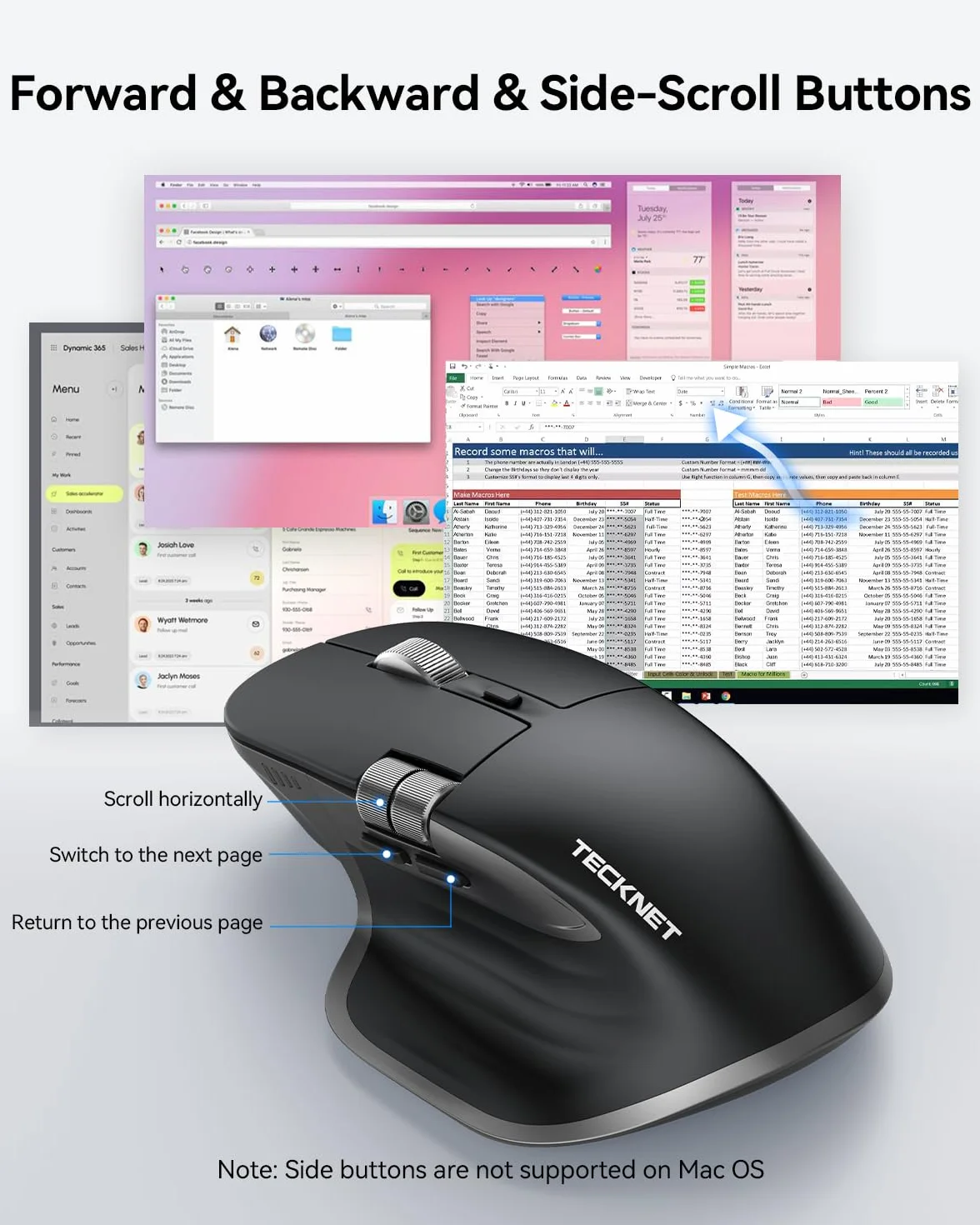 TECKNET Bezprzewodowa Mysz Bluetooth (BT 5.3/5.0+2,4G), Boczne Kółko Przewijania, Ładowalna Mysz Ergonomiczna, Ciche Klikanie, 4800 DPI, 7 Przycisków, dla Mac OS, Windows, Czarna