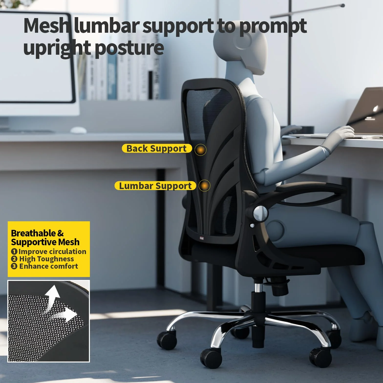 HOLLUDLE Ergonomiczne krzesło biurowe ze składanym oparciem, krzesło komputerowe z podnoszonymi podłokietnikami, siatkowe podparcie lędźwiowe i funkcja nachylenia, duże i wysokie krzesło biurowe,