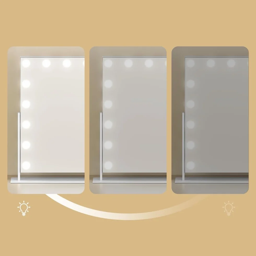 SONGMICS LWM003WC02 lusterko kosmetyczne z 18 żarówkami LED, z portami ładowania, sterowanie dotykowe, 3 kolory światła, możliwość ściemniania, uchwyt na telefon komórkowy, 80 x 60 cm, matowa biel