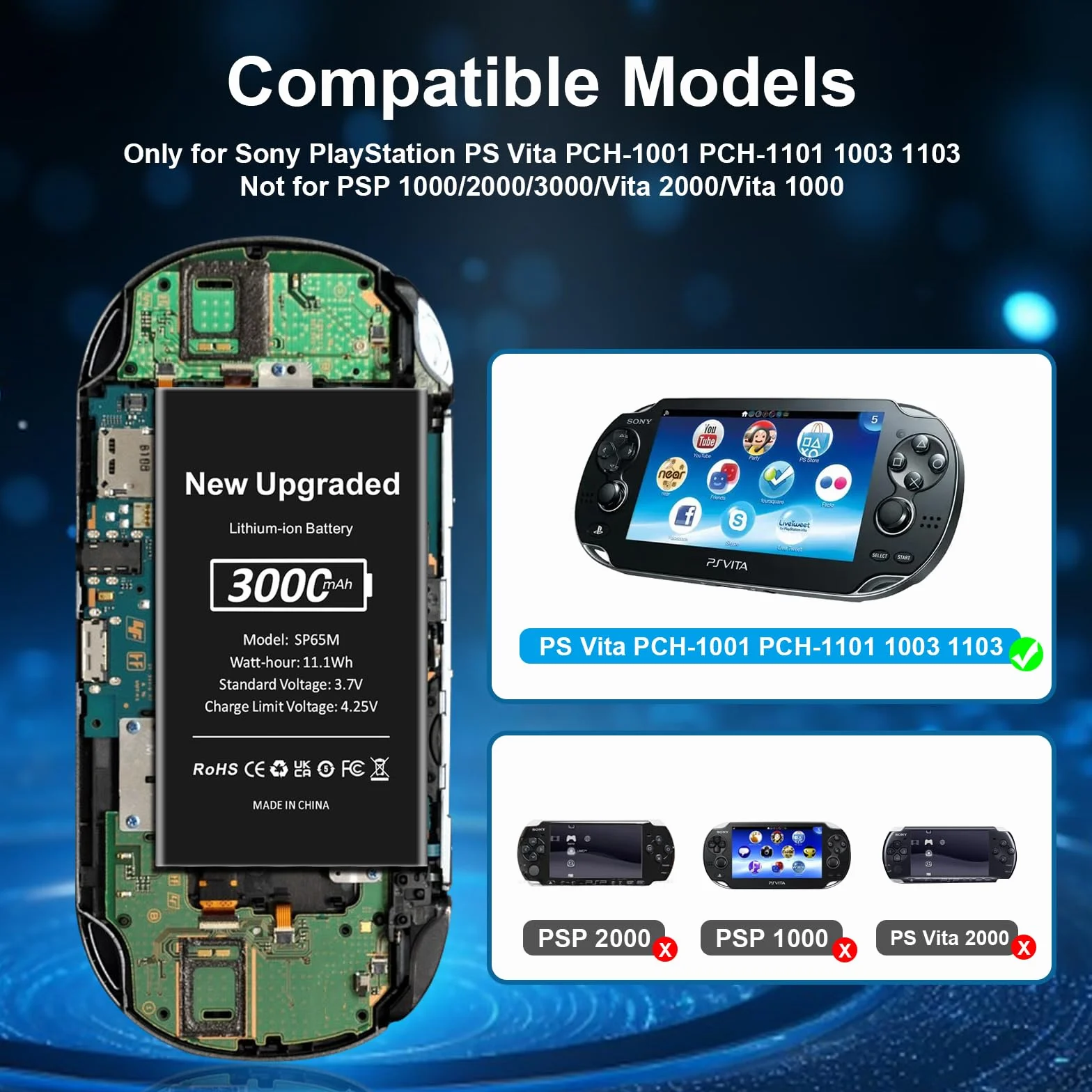 SP65M Akumulator do Playstation Vita, 3000 mAh, akumulator wewnętrzny do PS Vita PCH-1001 PCH-1101 1003 1103 PSV SP65M do gier z zestawem narzędzi naprawczych (nie pasuje do PS Vita PCH-2000)