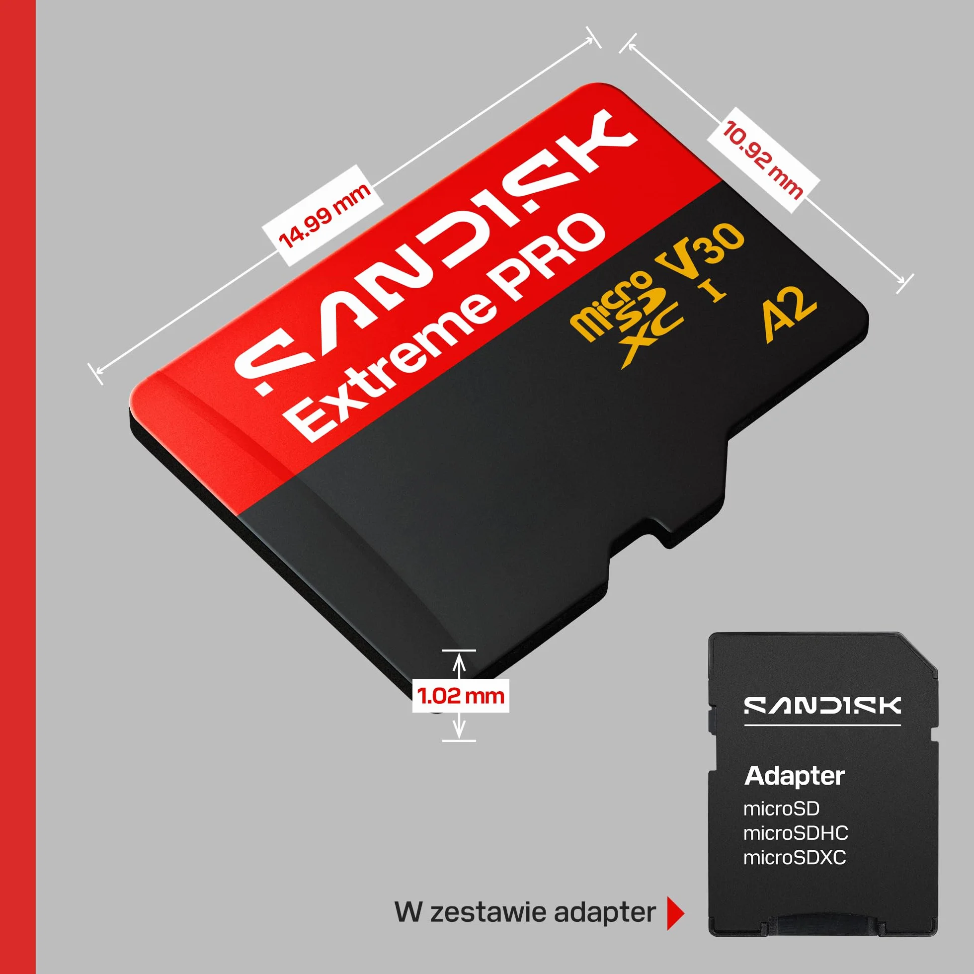 SANDISK Extreme PRO microSD Karta UHS-I + SD Adapter, 512 GB (prędkość odczytu do 250 MB/s i prędkość zapisu do 170MB/s, 5K, 3K, 4K UHD, C10, V30, U3, A2)