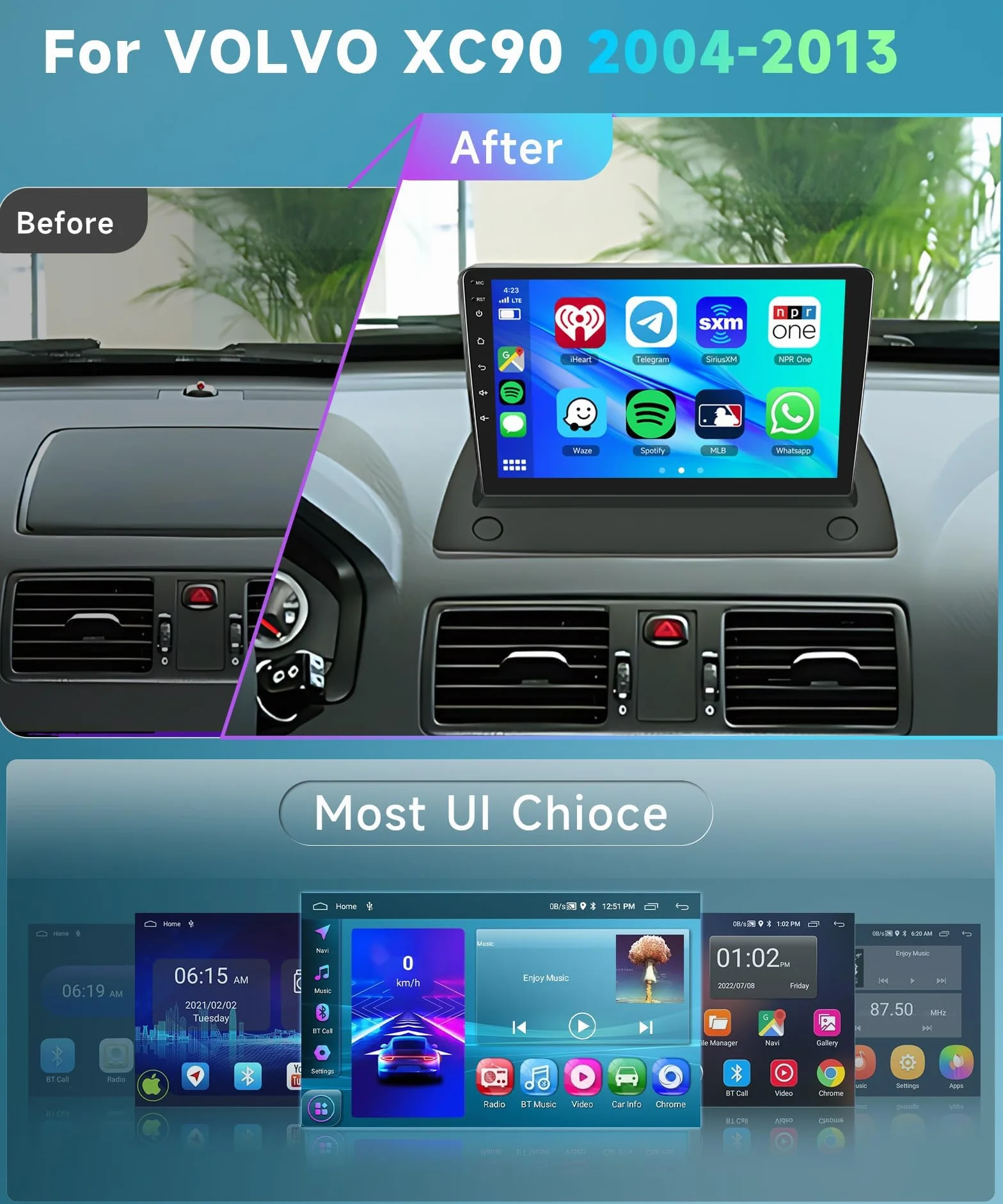 Radio samochodowe podofo 9" do Volvo XC90 2004-2013 Wireless Carplay z systemem Android, Android 13, radio 2 DIN, z Bluetooth, WiFi, GPS, HiFi, RDS/FM + kamera cofania AHD, DVR/Canbus